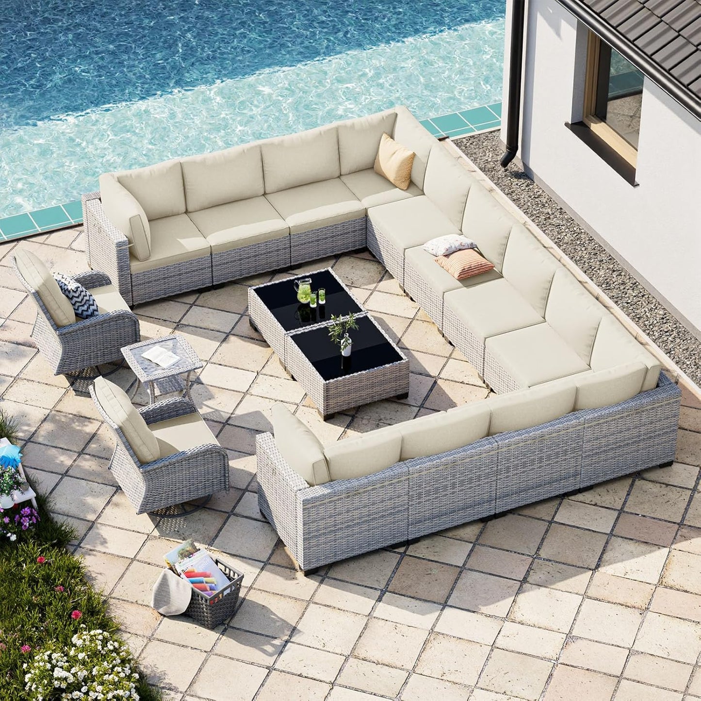 17-Piece Patio Furniture Set, Outdoor Patio Furniture with Swivel Chairs Set, Thick Cushions, Modular Patio Sofa, Dual-Strand Wicker Rattan, Rust-Resistant Frame, Ivory