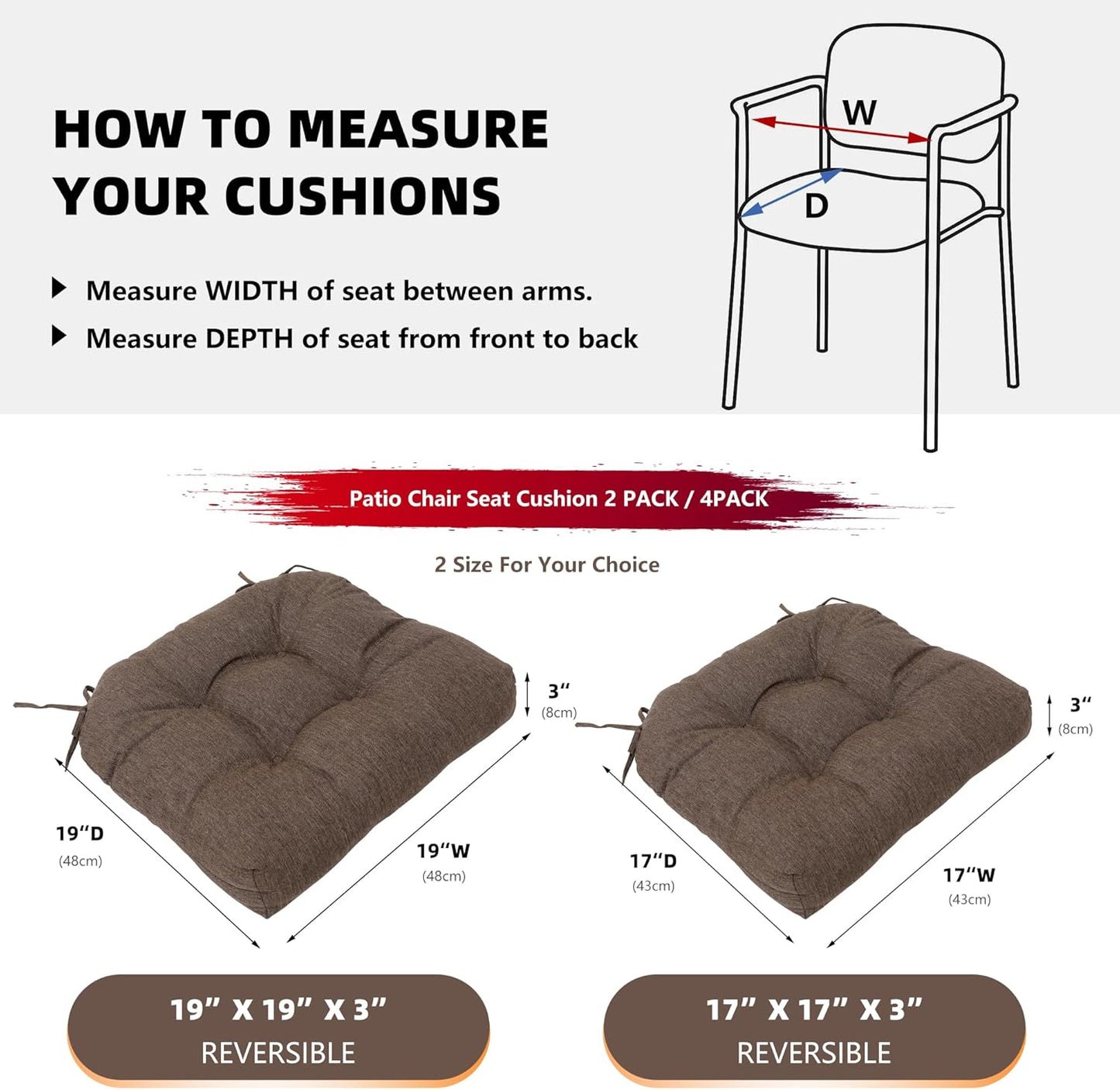 RACE LEAF 19" x 19" Patio Chair Seat Pads Brown - Outdoor/Indoor Patio Cushions Set of 2 - Replacement Cushions for Chairs and Seating - Olefin Seat Pads for Porch, Deck, and Garden Seats