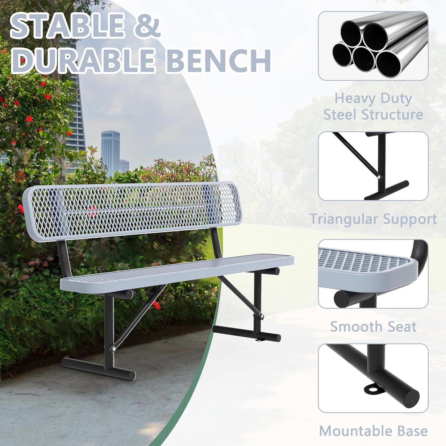 Heavy Duty Park Bench with Back Portable Frame, Outdoor Steel Bench with Backrest, Outdoor Park Bench Expanded Metal Mesh Bench for Lawn, Park, Deck, Garden, Patio, Porch, Black (Gray, 6FT)