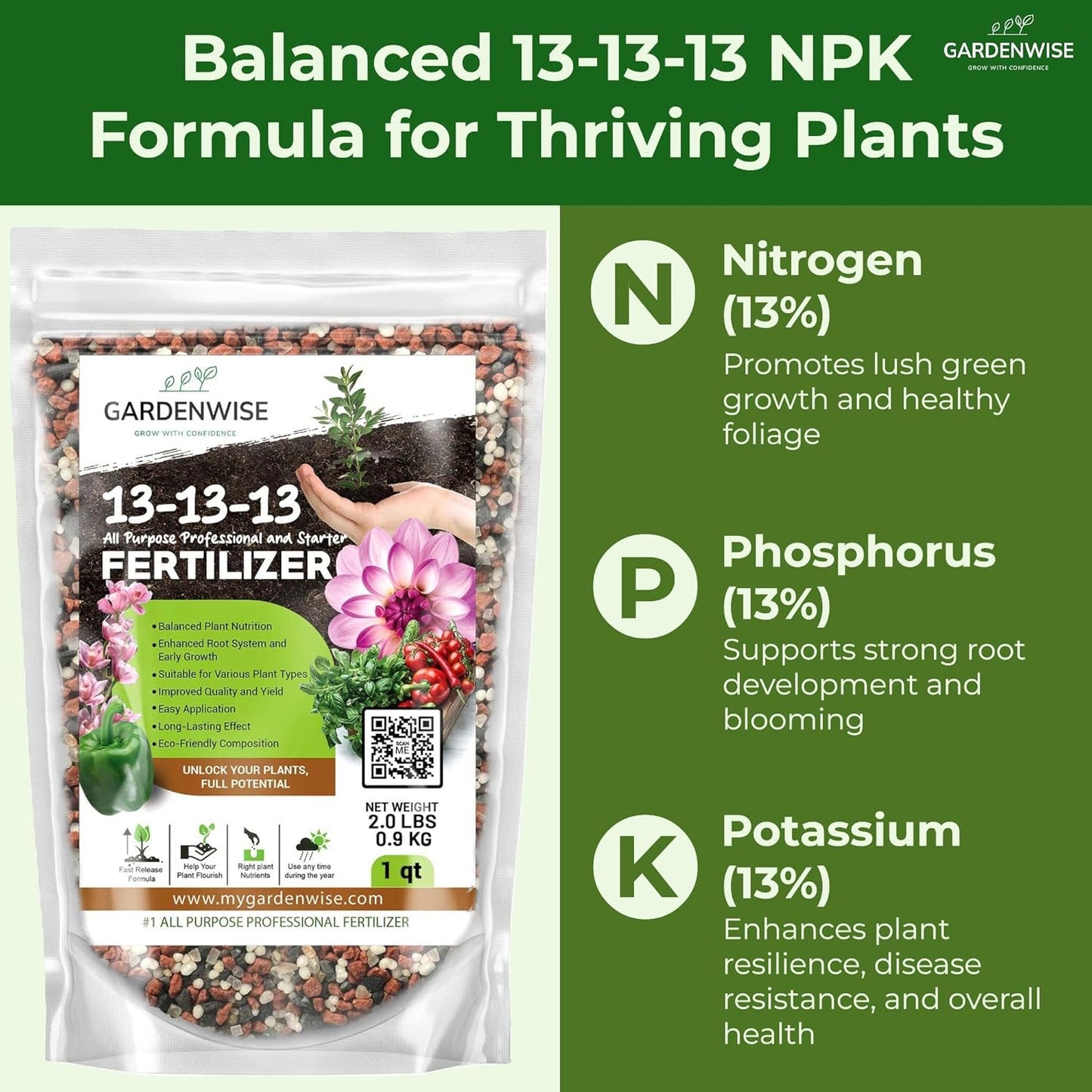 13-13-13 Slow Release Granular Fertilizer – All Purpose Plant Food 13 13 13 for Outdoor Grass, Vegetables, Roses, Flowers, Shrubs, Trees. Lawns, Gardens, Potted Plants (4 quarts)