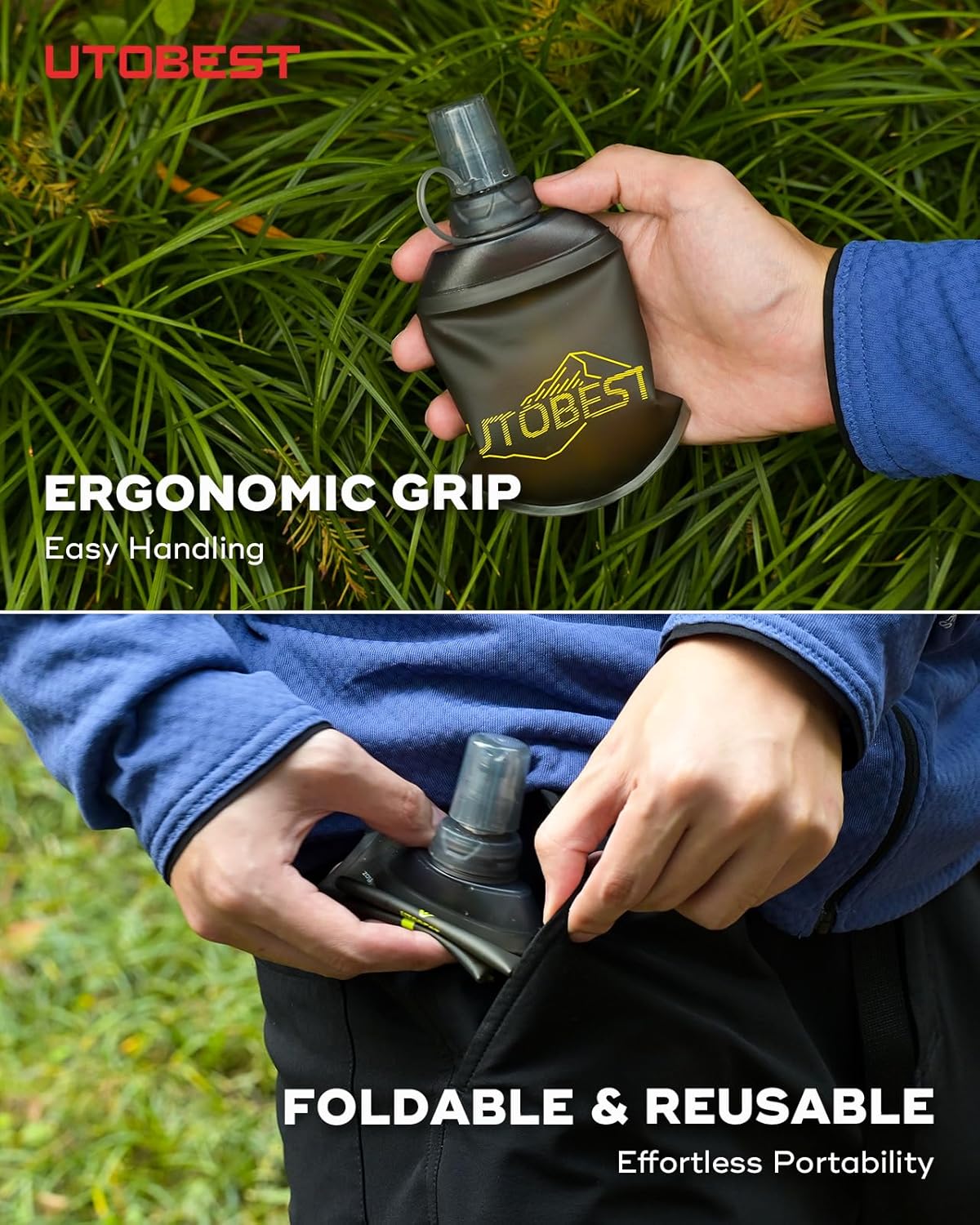 UTOBEST 150ml Soft Flask, 2 Pack Flexible TPU Hydration Water Bottle, Collapsible with 28mm Caliber for Running, Hiking, Cycling, Climbing, and Marathon Yellow