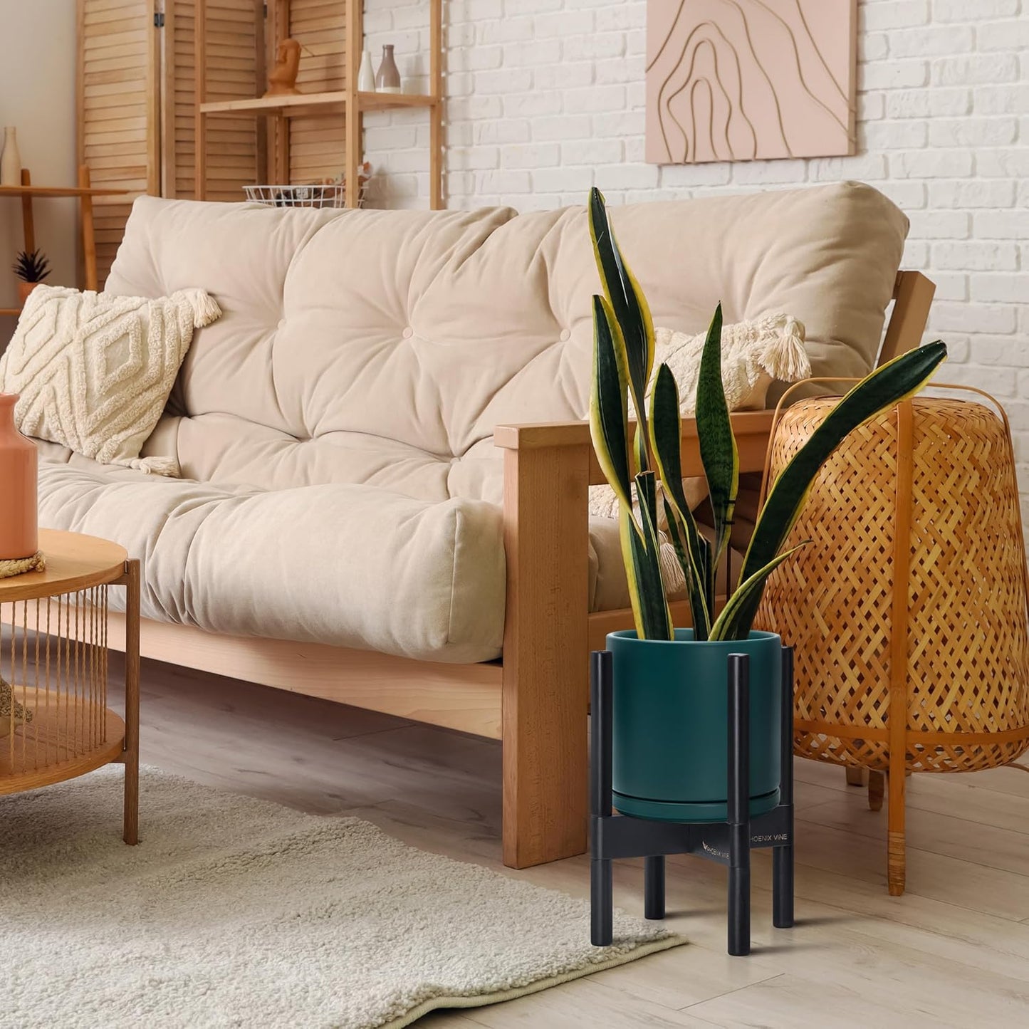 D'vine Dev Ceramic Planter with Ebony Stand - 10 Inch Modern Round Flower Pot with Wood Planter Holder, Teal, 55-B-L-4