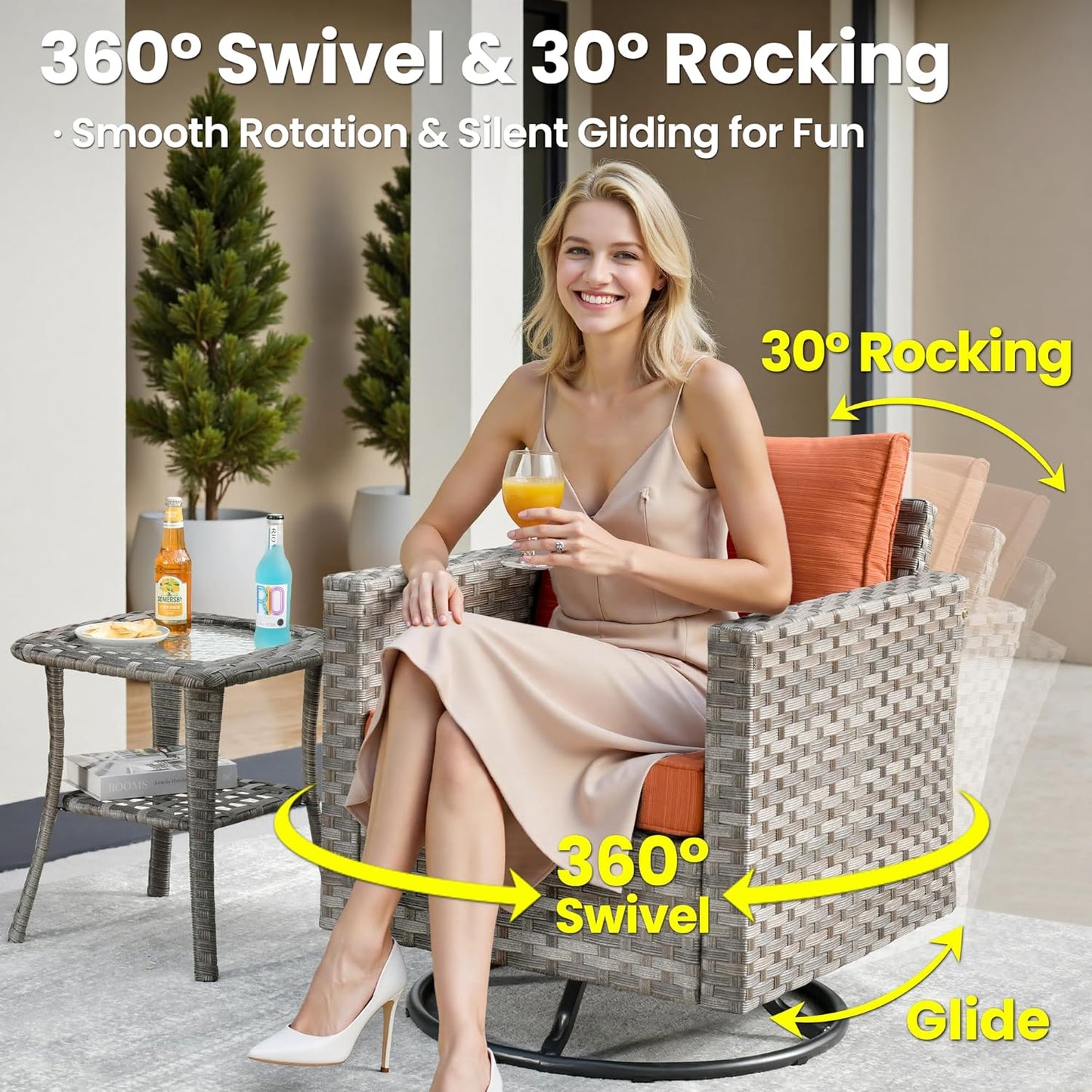 ovios 9 Pieces Patio Furniture Set, Outdoor Wicker Sectional Sofa with 30" Fire Pit Table Swivel Chair, Modern Modular Deep Seat Rattan Couch Conversation Sets, Orange Red