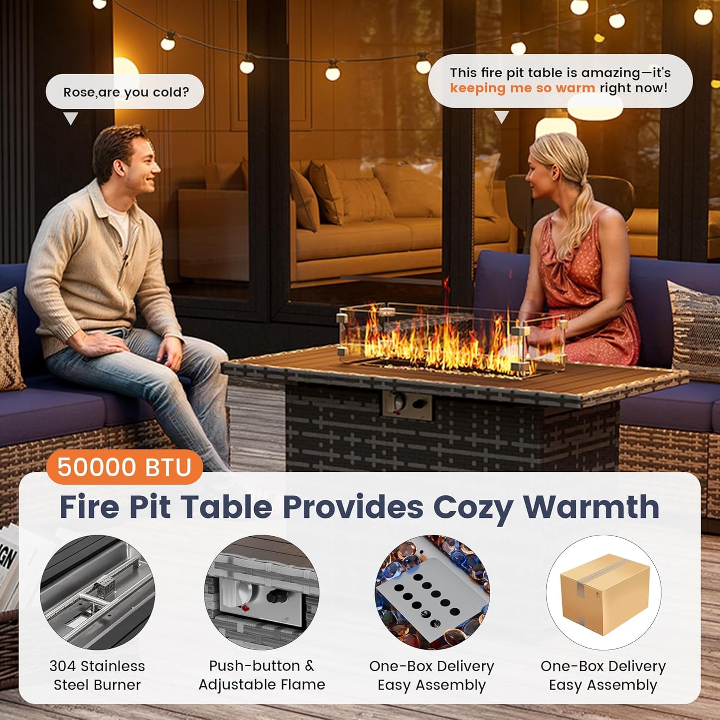 UDPATIO Patio Furniture Set with Fire Pit Table, 8 Inch Armrest Patio Sectional Sofa, 7 Piece Wicker Outdoor Furniture Conversation Set with Waterproof Cover for Backyard Deck(Grey/Navy)