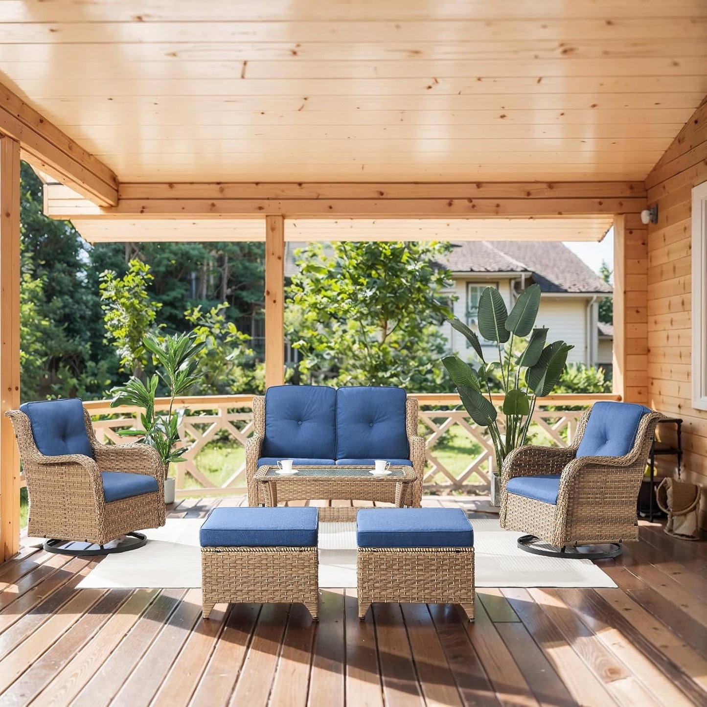 Wicker Outdoor Furniture Patio Furniture Set - 6 Piece Patio Conversation Set with Swivel Rocker Chairs, Loveseat Sofa, Ottomans and Coffee Table, Blue Cushion