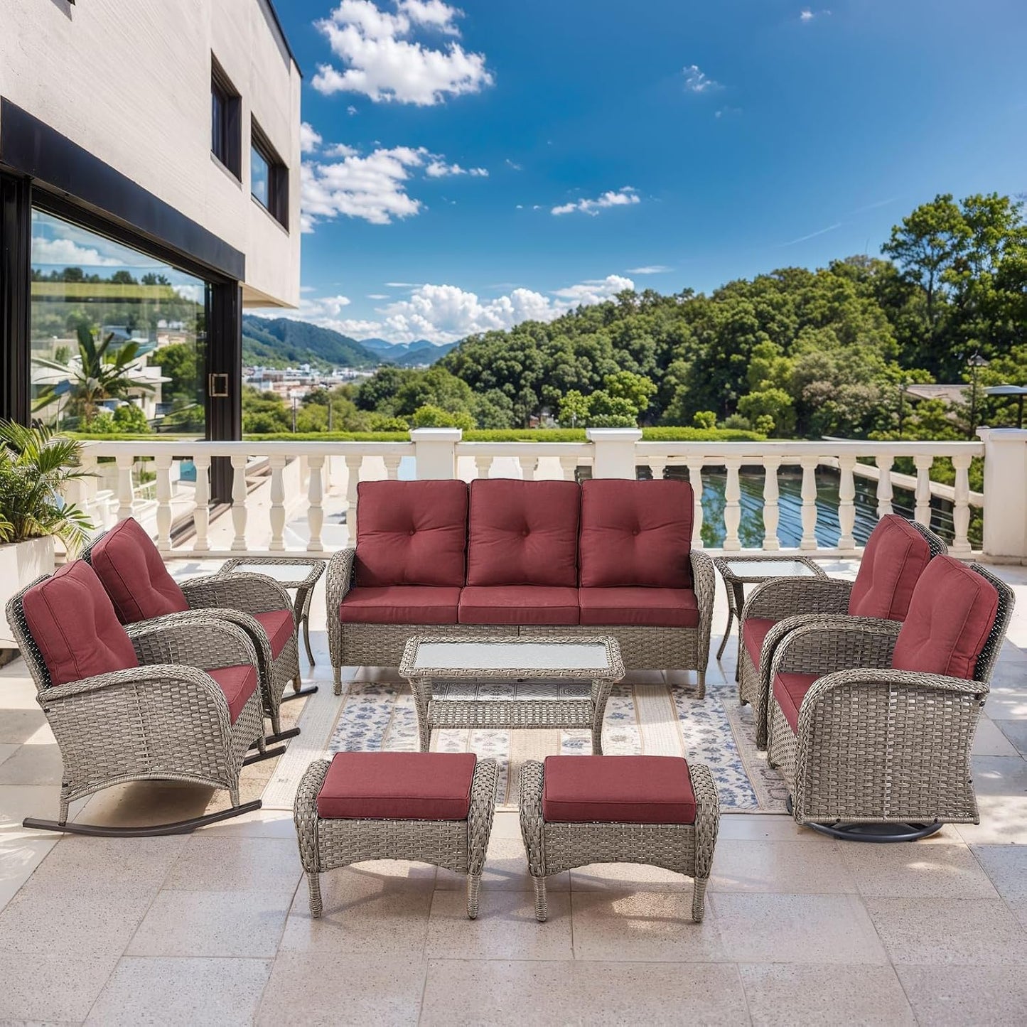 Patio Furniture-All Weather Wicker Patio Conversation Sets with Swivel Patio Chairs High Back Outdoor Couch with Swivel Rocking Chairs Outdoor Furniture for Deck Lawn Porch Balcony Poolside-Grey/Red