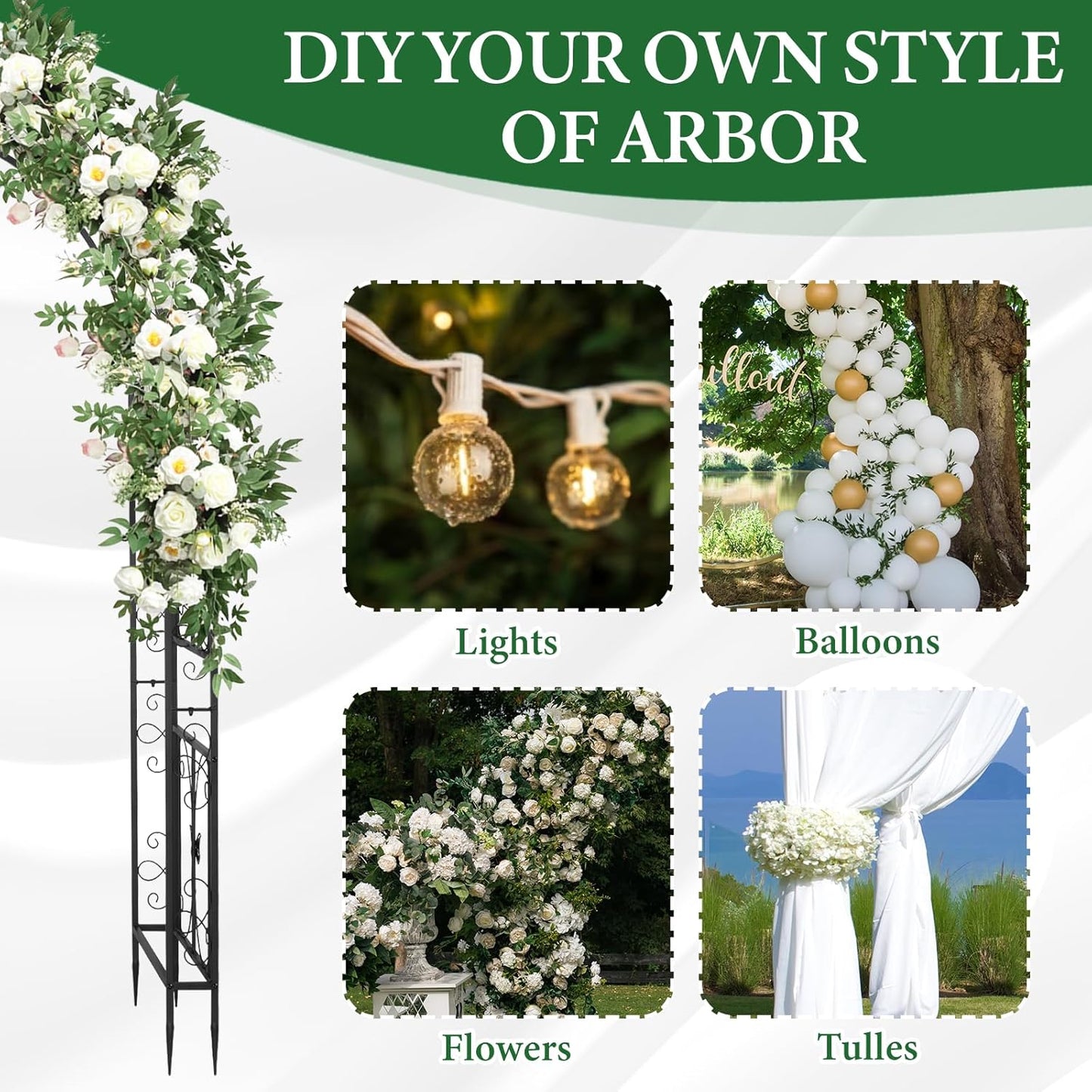 VINGLI Garden Arbor, Arch Archway for Wedding Ceremony Party, Steel Garden Trellis for Plant Climbing, Christmas Garden Decorations Pergola for Garden, Backyard, Lawn (Black, 75.5x22.8x94.5in)