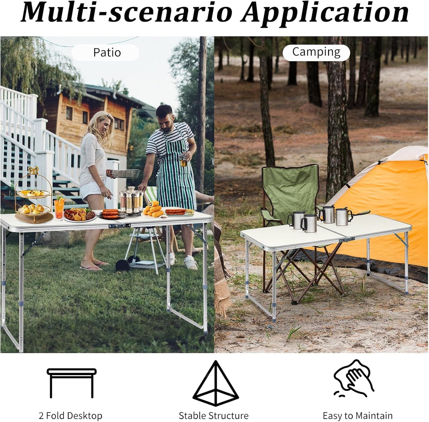 Outvita 4ft Portable Folding Camping Table, Outdoor Waterproof Adjustable Height Table, Aluminum Lightweight Suitcase Foldable Table for Picnic BBQ Beach Dining