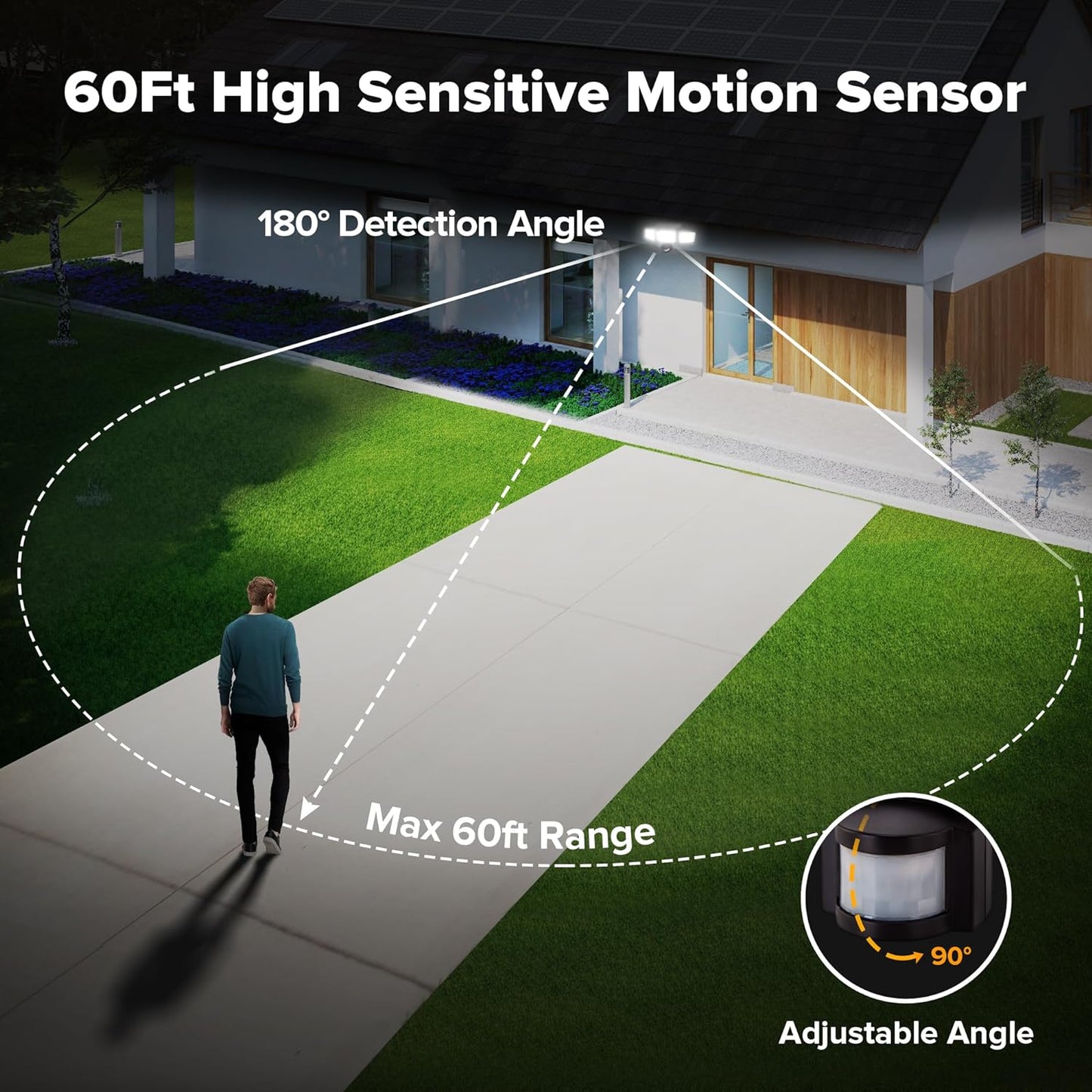 UME Solar Outdoor Lights 302 LED 3000LM, IP65 Waterproof Motion Sensor Outdoor Lights, 3 Heads Solar Security Flood Lights 270 Wide Lighting Angle with 3 Modes for Garden Patio Yard