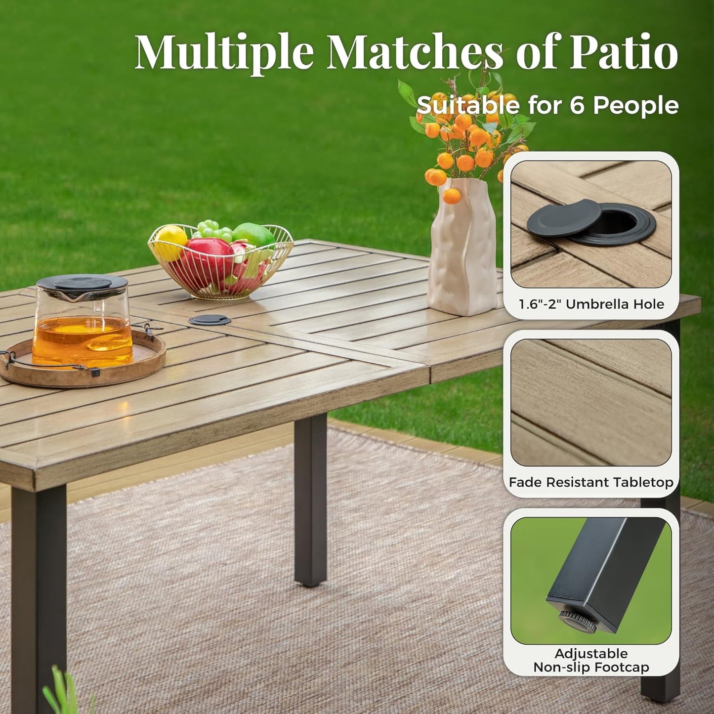 Outdoor Patio Dining Table for 6, 60" x 36" Rectangular Metal Patio Dining Table with Umbrella Hole for Garden, Backyard and Porch
