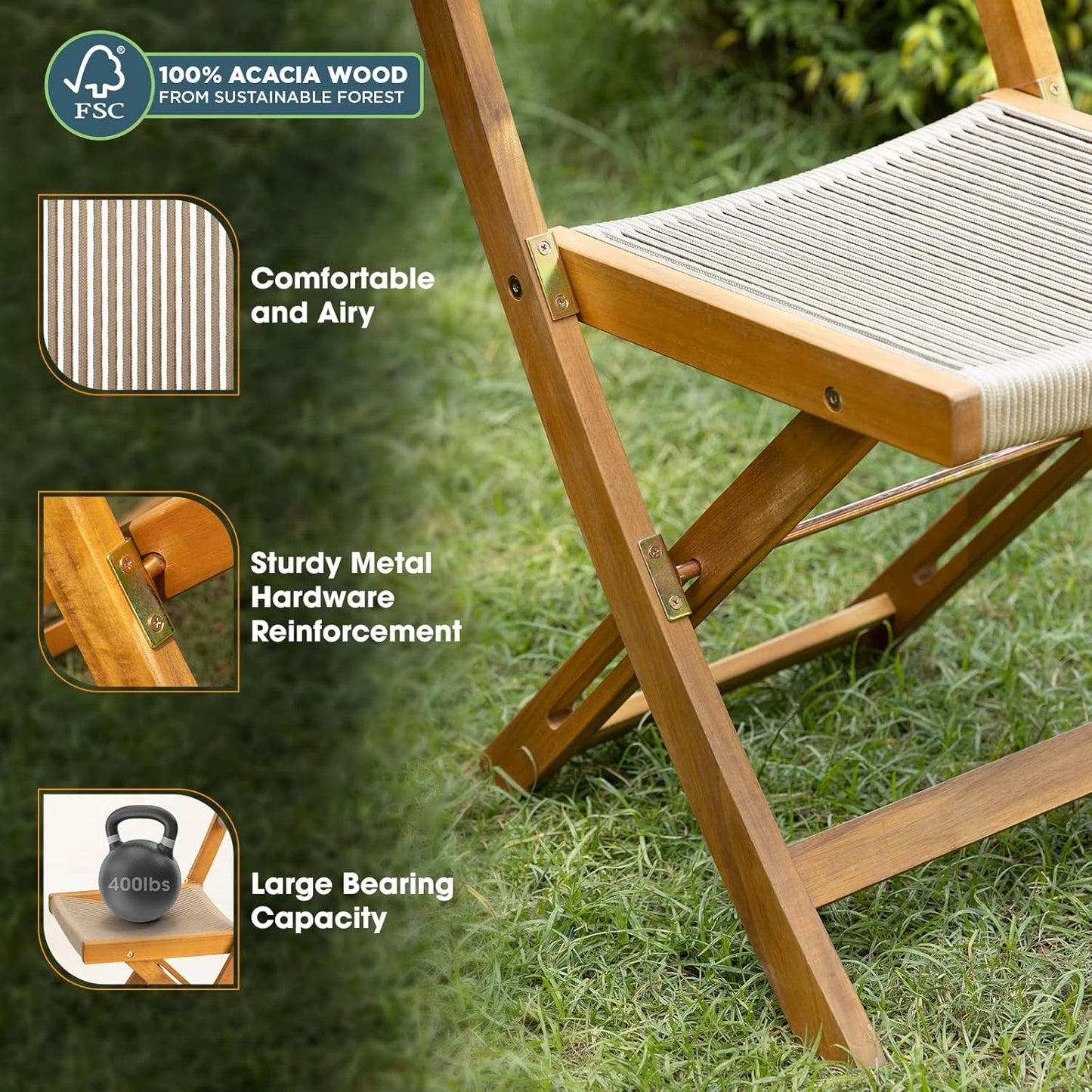 IDZO Wood Rope Design Heavy Duty 400lbs Capacity Patio Bistro Set 3 Piece Outdoor, Folding Chairs with Elegant