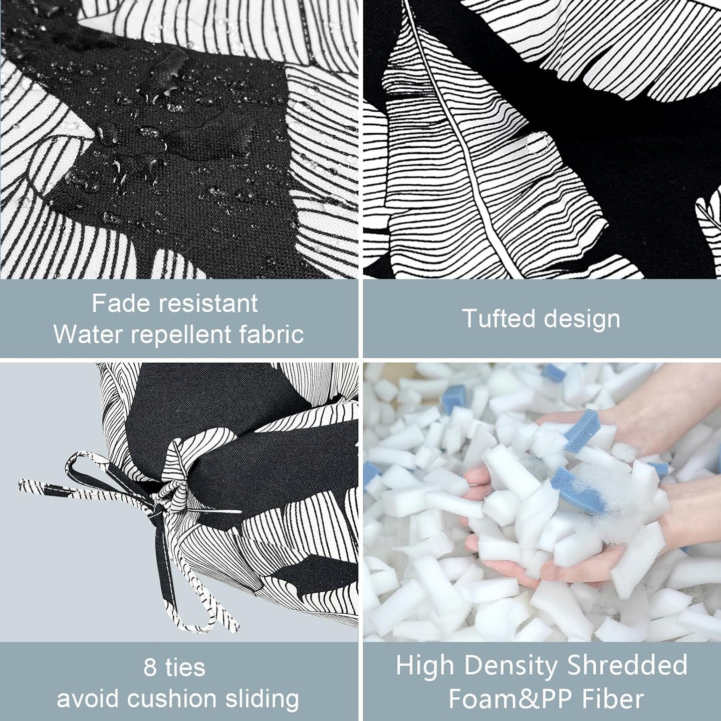 LVTXIII Outdoor Tufted Seat Cushions, Solid Seat and Back Chair Cushion with Ties, Patio Replacement Rocking Chair Cushion for Outdoor Furniture Use, 21 W x 21D, 2 Pack, Black Lush Leaf Jungle