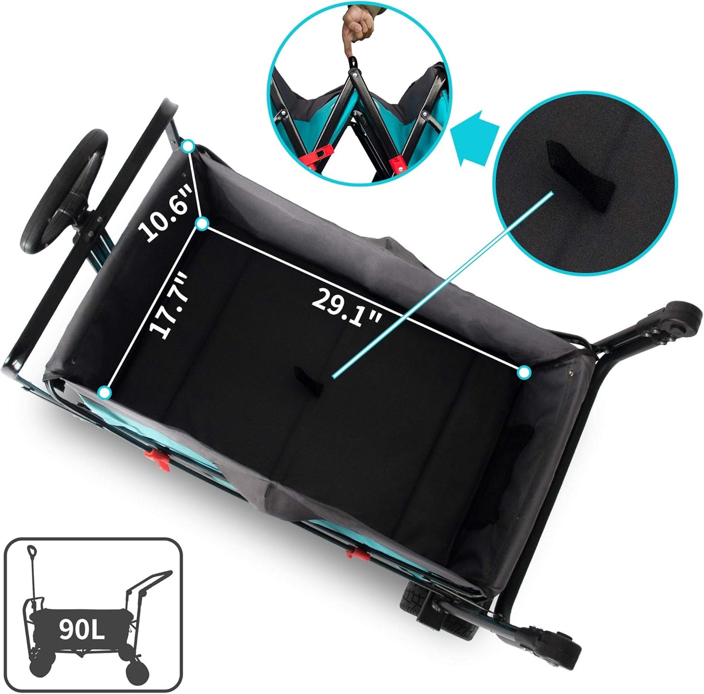 TMZ All Terrain Utility Folding Wagon, Collapsible Garden Cart, Heavy Duty Beach Wagon, for Shopping, Camping, and Outdoor Activities with Push Handle and Brakes (Turquoise/Grey)