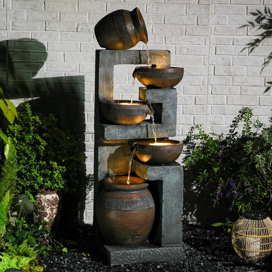 50.4" H Large Garden Fountains Outdoor, 5-Tier Cascading Rustic Style Bowl Water Fountain and Waterfall Feature with Light and Pump for Garden, Patio, Deck, Porch, Home Décor, Gray&Brown