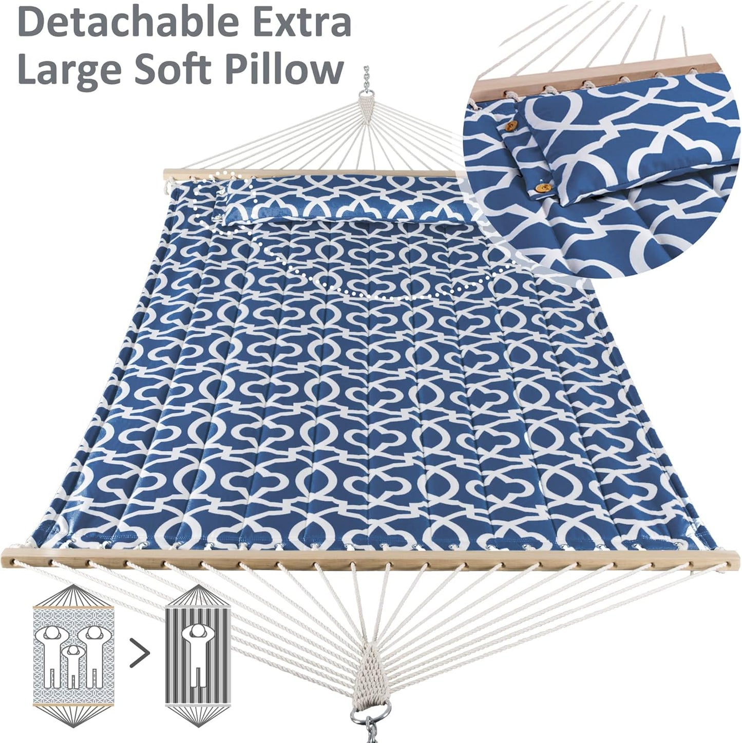 SUNCREAT Double Tree Hammock with Hardwood Spreader Bar, Extra Large Soft Pillow, Heavy Duty Hanging Hammock for Indoor, Outdoor, Blue Pattern