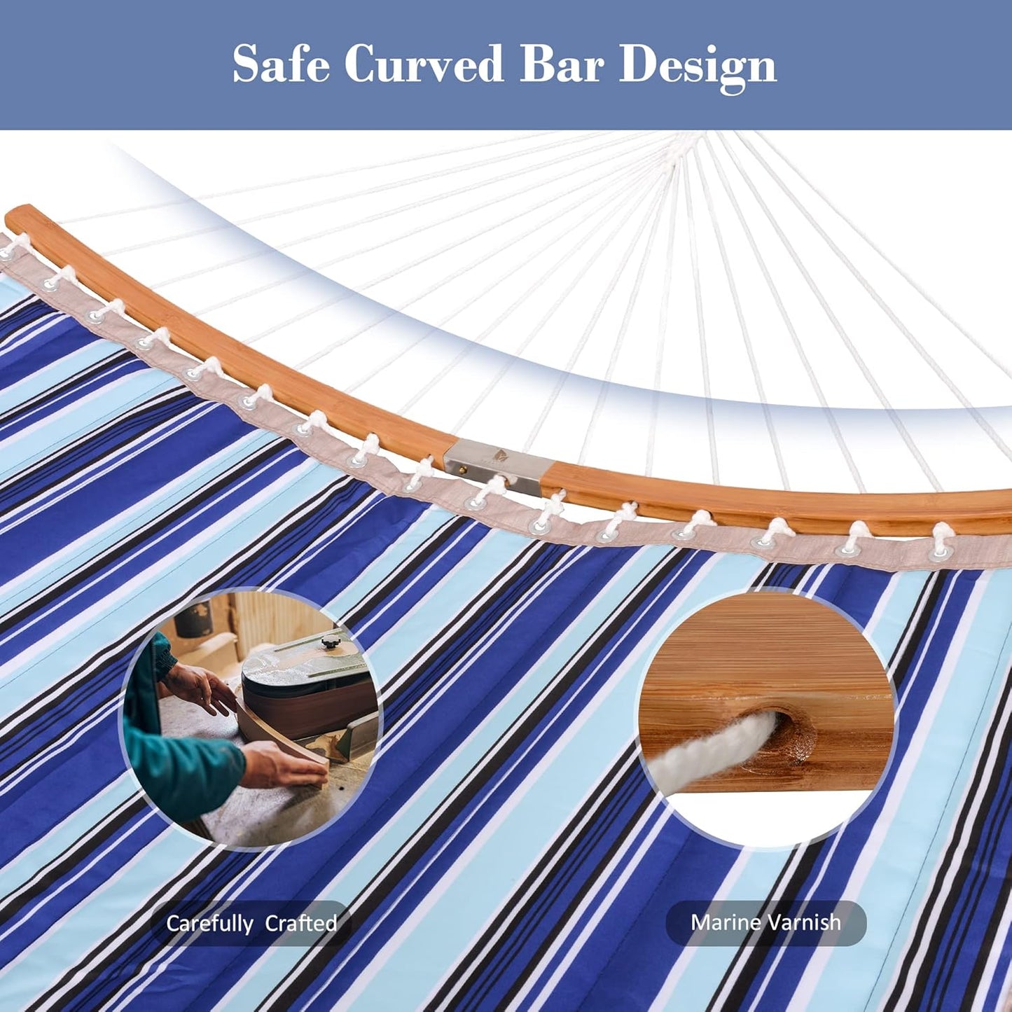 SUNCREAT Portable Hammock with Carrying Bag, 2 Person Hammock with Curved Spreader Bar, Blue Stripes