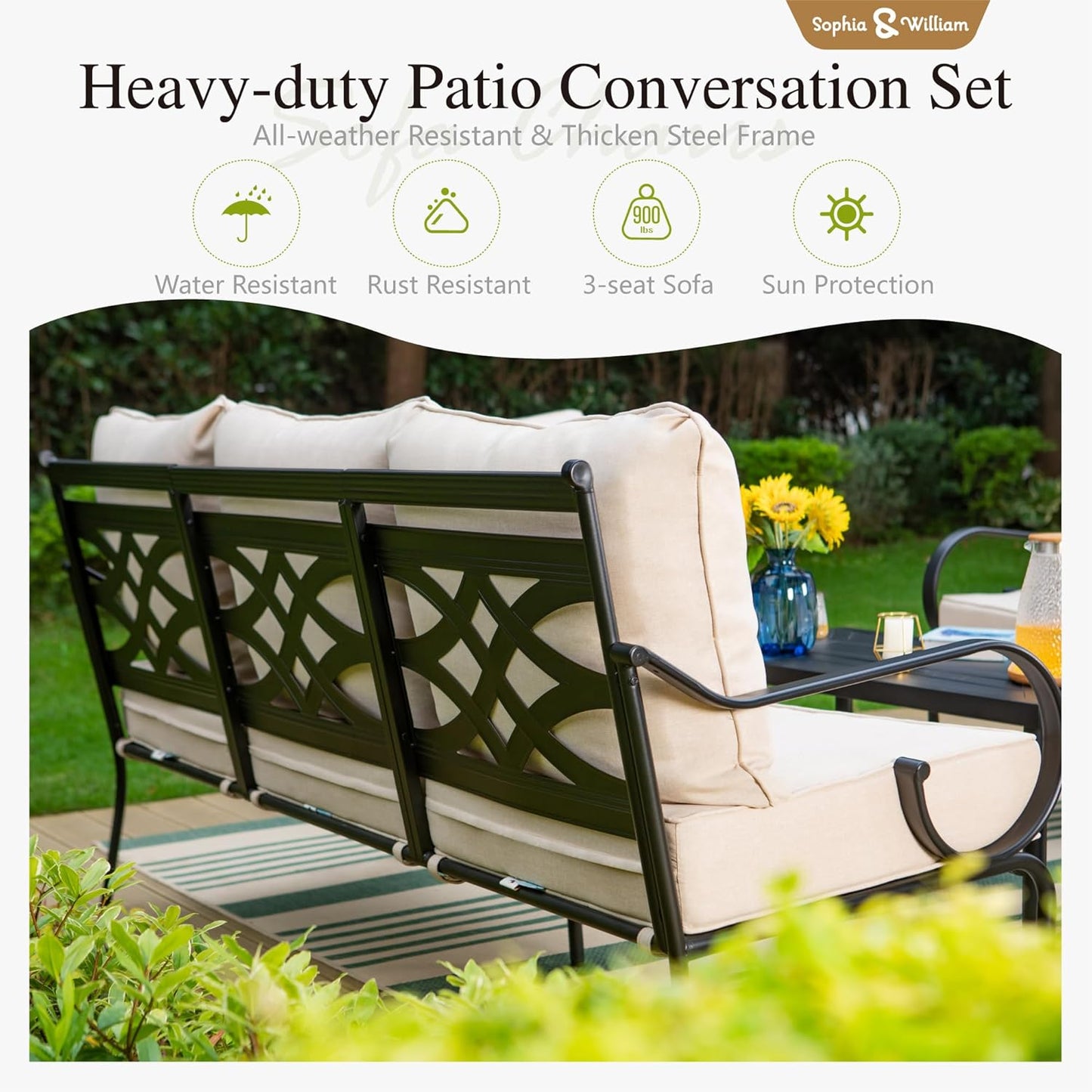 Sophia & William Patio Furniture Set Outdoor Couch Sofa, 6 Piece Outdoor Conversation Sets 7 Seat Clearance with 3-seat Sofa x 1, Rocking Chair x 2, Cushioned Chair x 2, Metal Coffee Table x 1, Beige