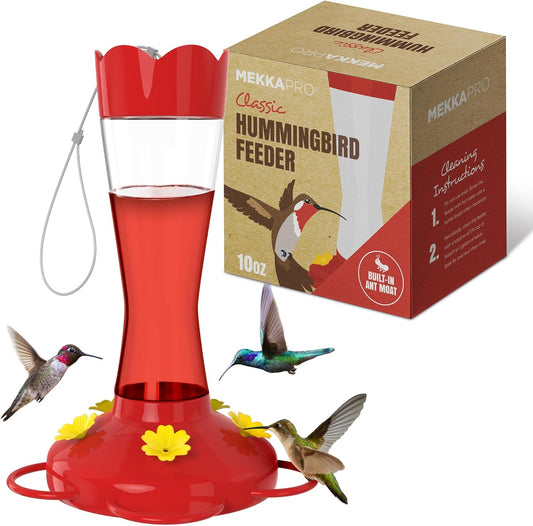 MEKKAPRO Outdoor Hummingbird Feeder Made from Glass, Humming Bird Feeders for Outdoors Hanging Ant and Bee Proof with 5 Nectar Feeding Stations, Bright Red, Backyard Feeder (10 Ounces)
