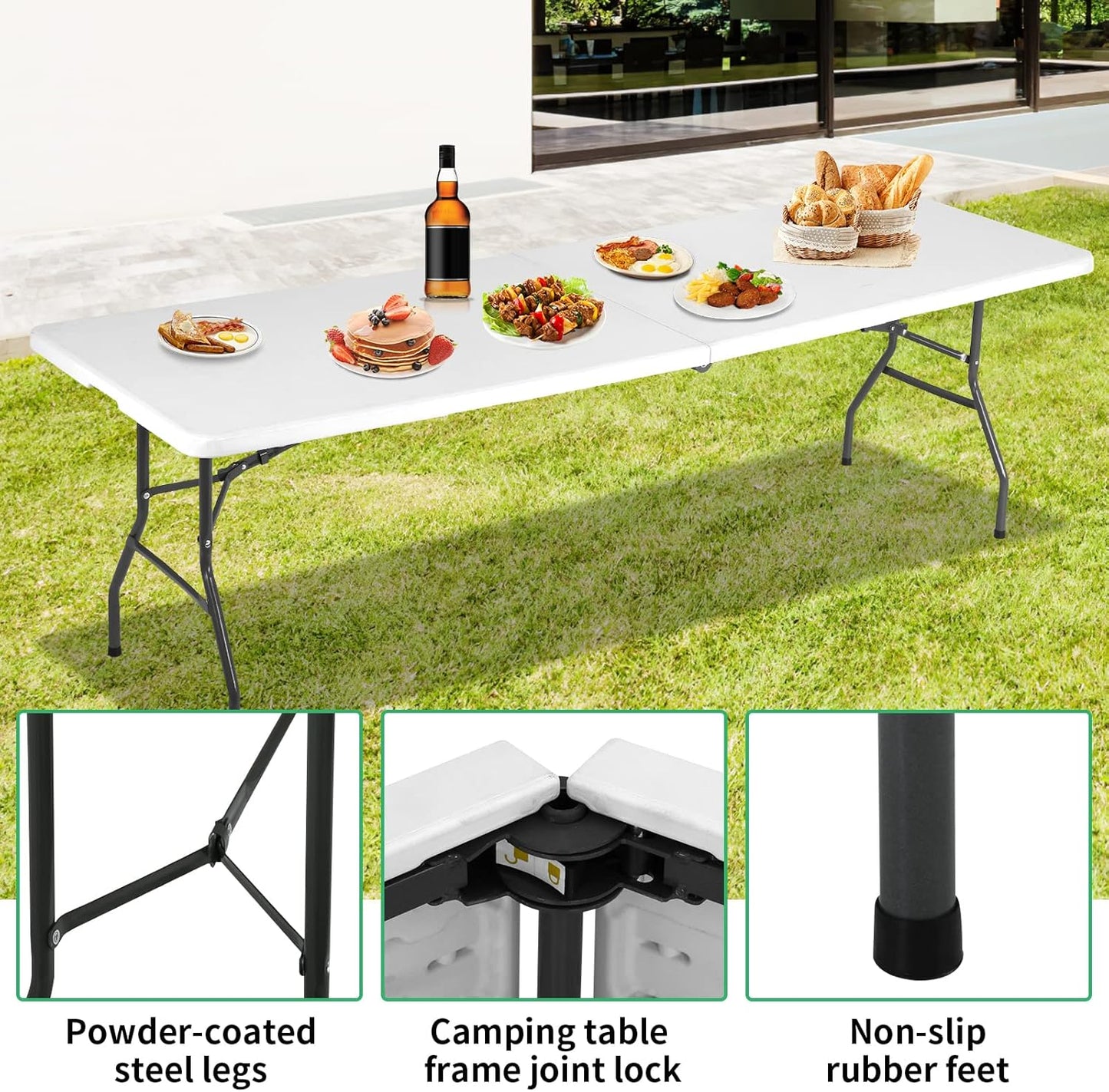 8FT Folding Table, Heavy Duty Foldable Table with Handle, Portable Fold-in-Half Utility Tables for Indoor & Outdoor Use Perfect for Camping BBQ Party Wedding Market Events, White