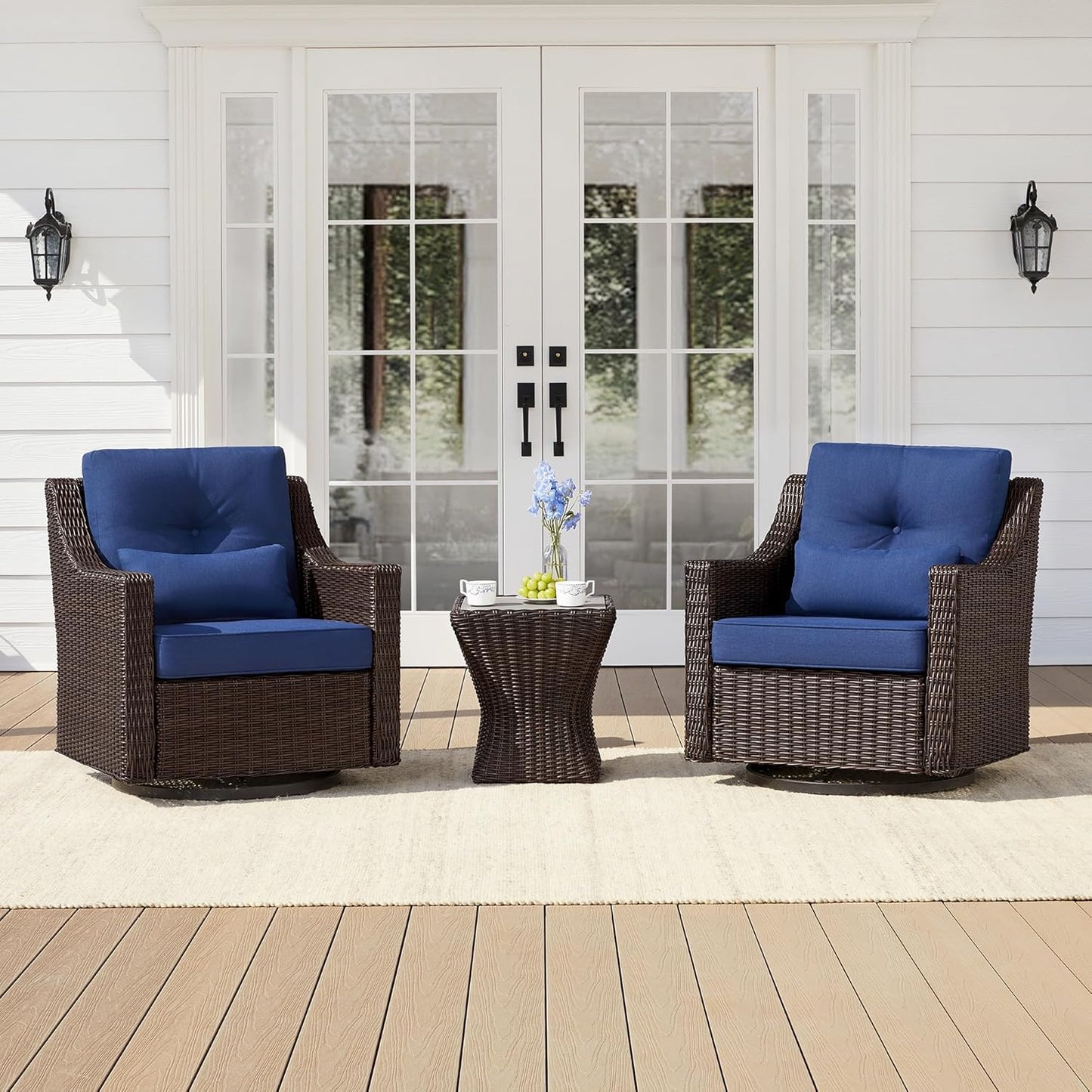 CHITA 3 Pieces Wicker Patio Bistro Set, Outdoor Furniture Set with 2 Pieces Rattan Rocking Swivel Chairs, Thickened Cushions and Side Table