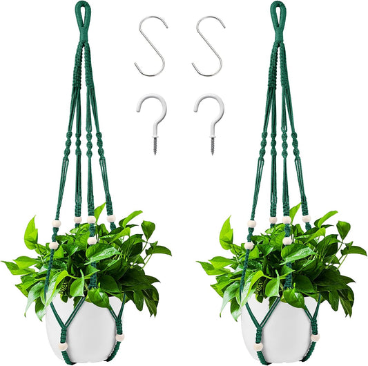 Augshy Macrame Plant Hangers Dark Green Hanging Planters for Indoor Outdoor Home Decor, Hanging Plant Holder No Tassels Set of 2 with 4 Hooks