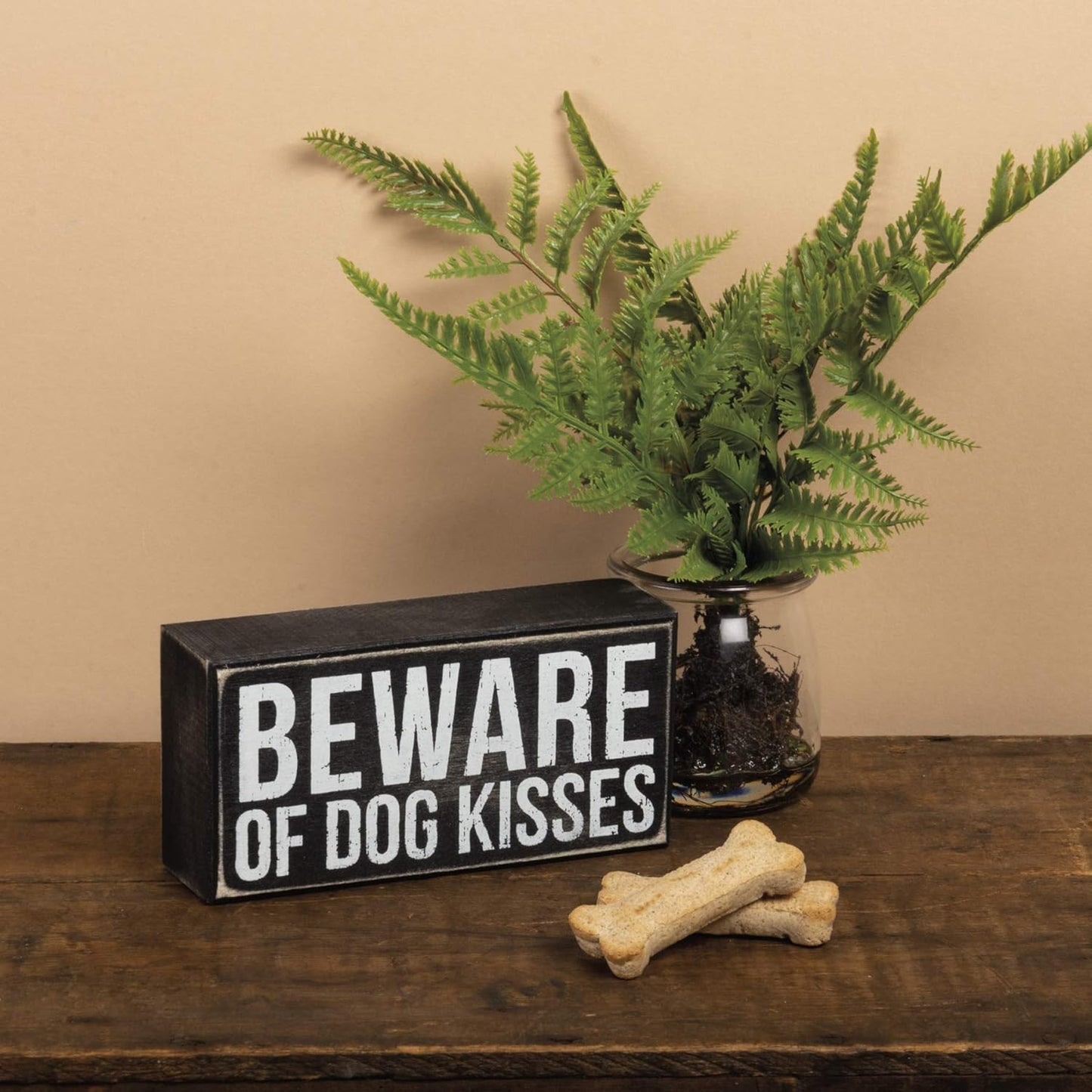 Primitives by Kathy Rustic Wooden Decor Sign - 'Beware of Dog Kisses' - Office/Farmhouse Decor, Dog Lovers Gift, 5""