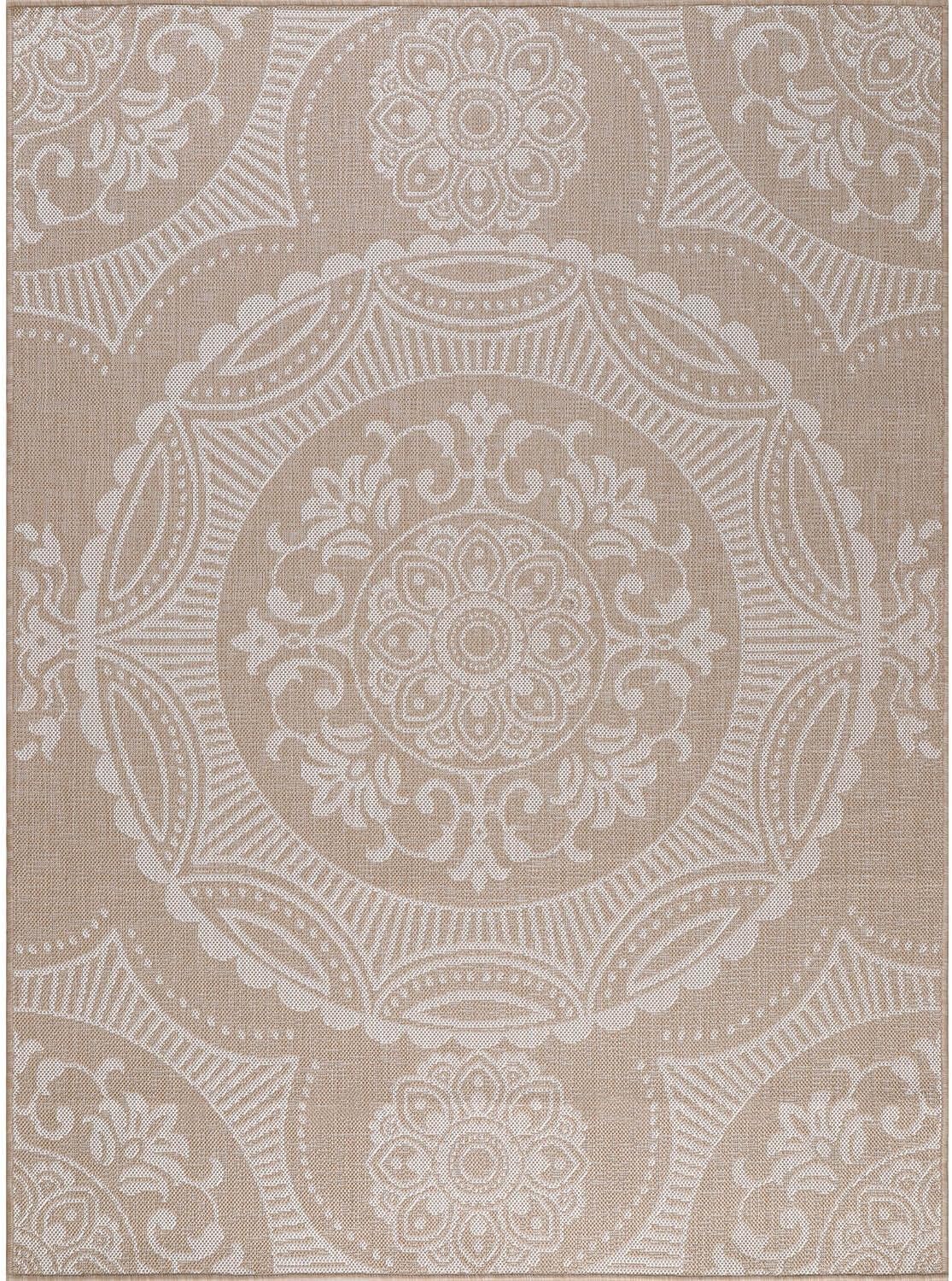 Medallion Outdoor Rug 5x7 Washable Outside Carpet for Indoor Patio Porch Waterproof Easy Cleaning Non Shedding Area Rugs Beige 5 x 7