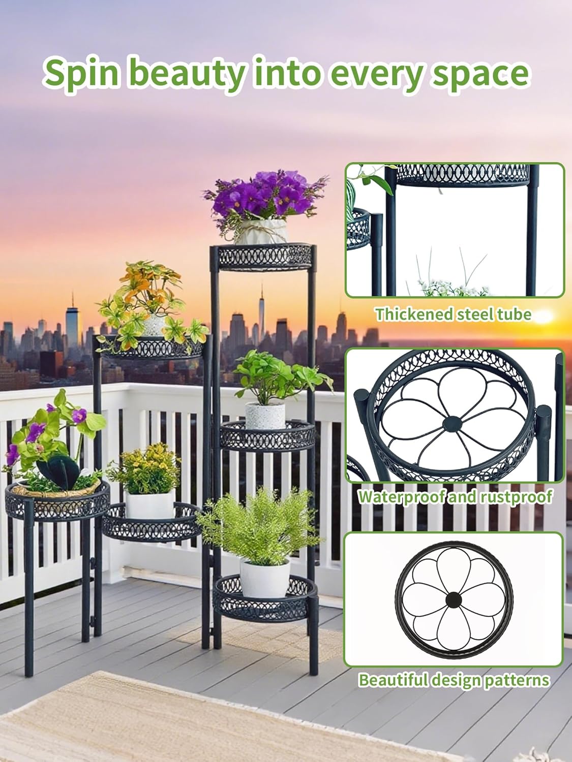 5 Tier Large Plant Stand Indoor with 7.9-Inch Wide Drainage Tray, Tiered Corner Metal Outdoor Flower Display Holder Shelf, Folding Tall Rack for House Patio Porch Balcony Graden - BlackFlower