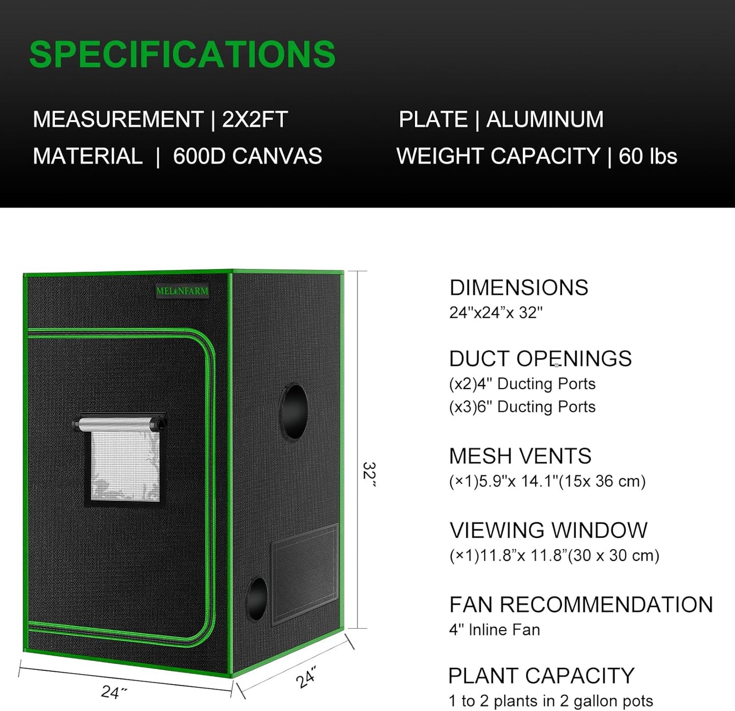 MELONFARM 2x2 Grow Tent, 24"x24"x36'' High Reflective 600D Diamond Mylar Canvas with Observation Window and Floor Tray for Hydroponic Indoor Plant Growing