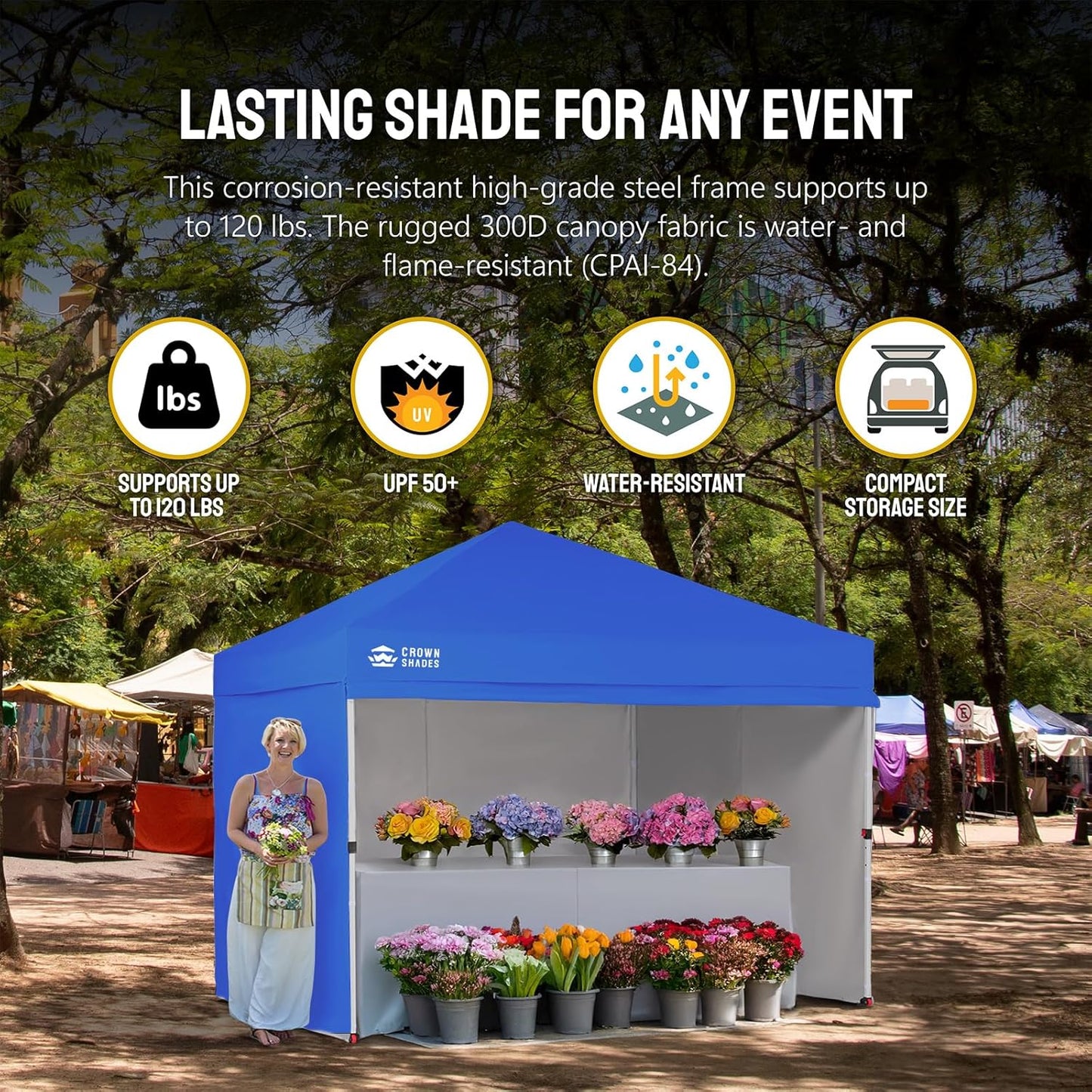 CROWN SHADES 10X10 Comercial Instant Canopy Pop Up Tent with Center Lock (10x10 with 4 Sidewalls, Blue)