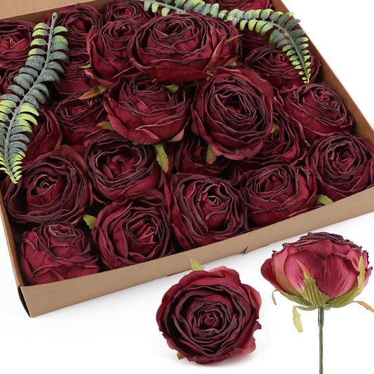 IPOPU Burgundy Flowers Artificial Rose Heads 25pcs Silk Flower Heads Bulk Dried Burgundy Silk Flowers for Artificial Bouquet Wedding Fake Flower Heads for Flower Wall Decor Bridal Shower (Burgundy)