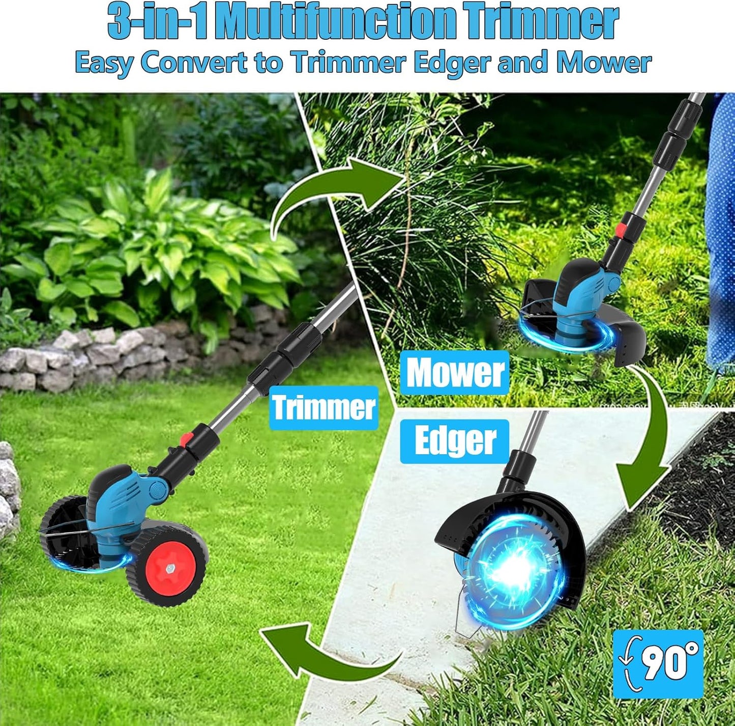 Electric Weed Wacker Cordless Eater Battery Powered Eater Lightweight Edger Portable Stringless Grass Trimmer/Lawn Mower/Brush Cutter, with 3 Types Blades & Wheels for Yard and Garden-Blue