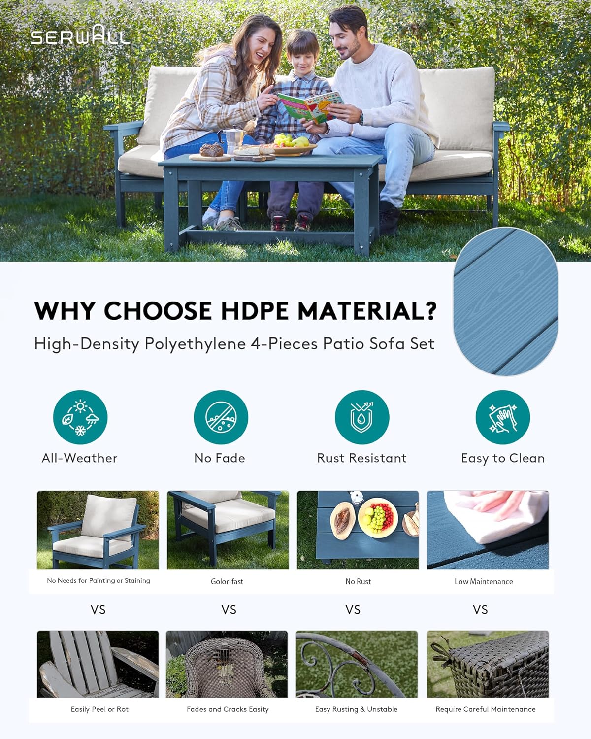 SERWALL HDPE Patio Sofa Set, 4-Piece Sectional Outdoor Furniture Set, All Weather Outdoor Couch Set Patio Furniture Set for Deck, Lawn, Blue Frame with Khaki Cushion