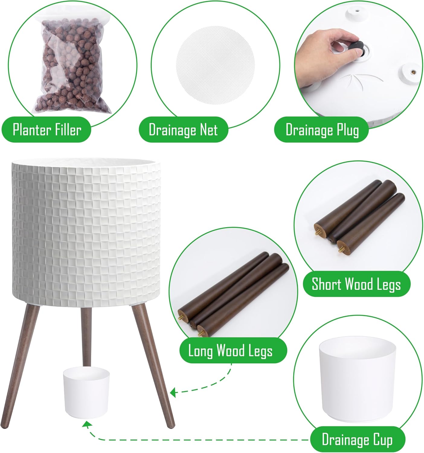 D'vine Dev 16 Inch Modern Geometric Tile Patterned Sleek Planter Pot with Stand, Indoor Outdoor Decorative Plant Holder, Matte White, 88-Z-E-1