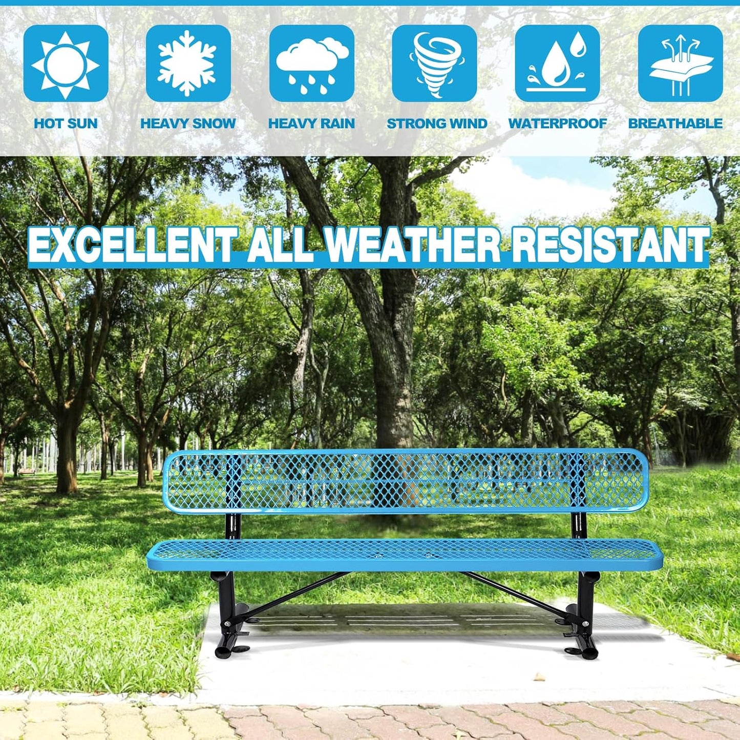 8Ft Outdoor Bench with Blue Portable Frame, Outdoor Steel Park Bench with Backrest, Expanded Metal Mesh Bench for Outside, Lawn, Backyard, Park, Deck, Garden, Patio, Porch, Blue