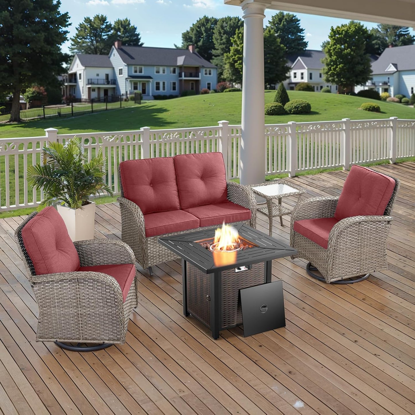 5 Piece Outdoor Patio Furniture Set with 50000 BTU Propane Fire Pit Table, Deep Seating Wicker Swivel Rocker Chairs and Loveseat Glider Patio Conversation Set for Poolside Deck Backyard