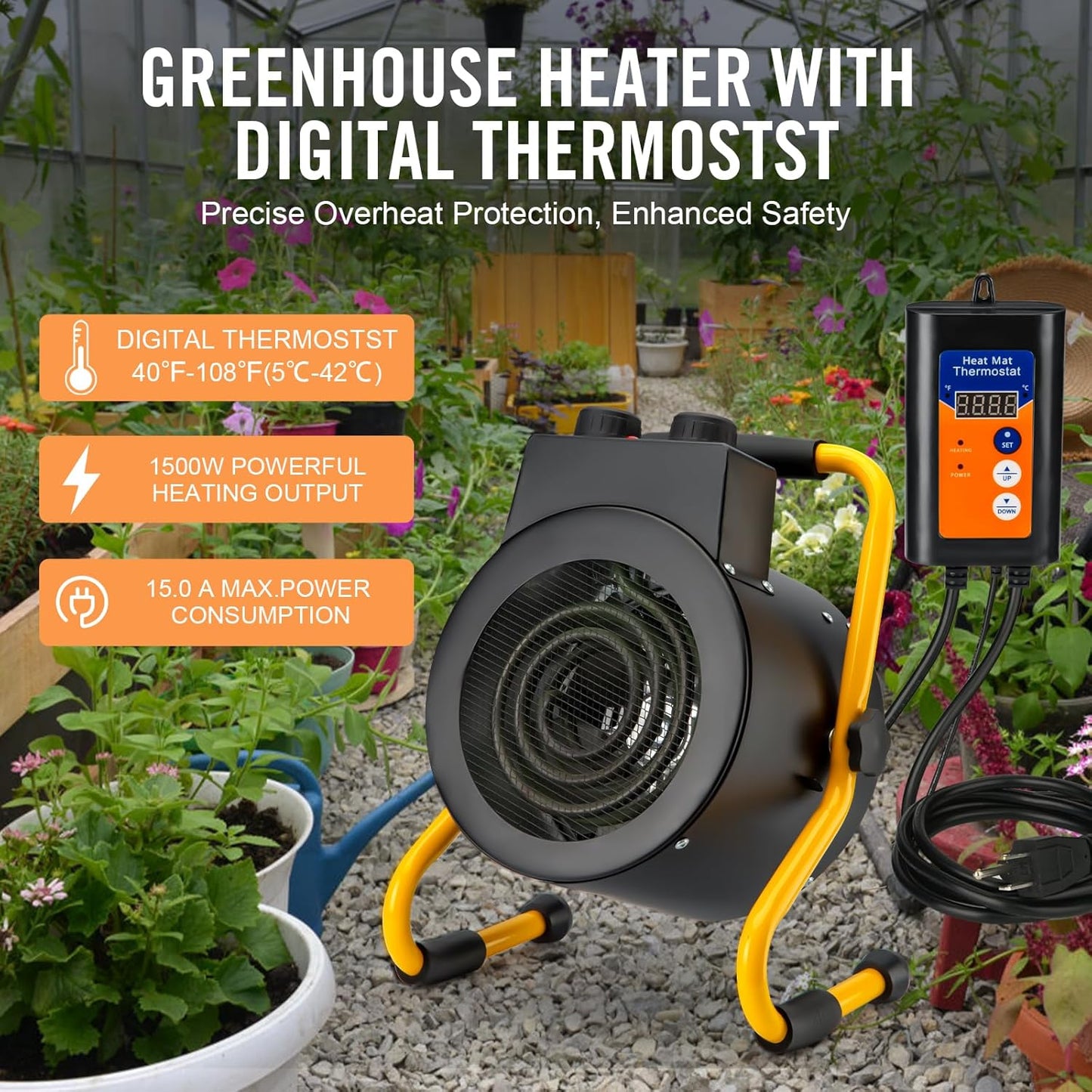 Greenhouse Heater with Digital Thermostat, Green House Heater for Plants,1500W Electric Grow Tent Heaters, Overheat Protection, Fast Heating for Green House, Flower Room, Black