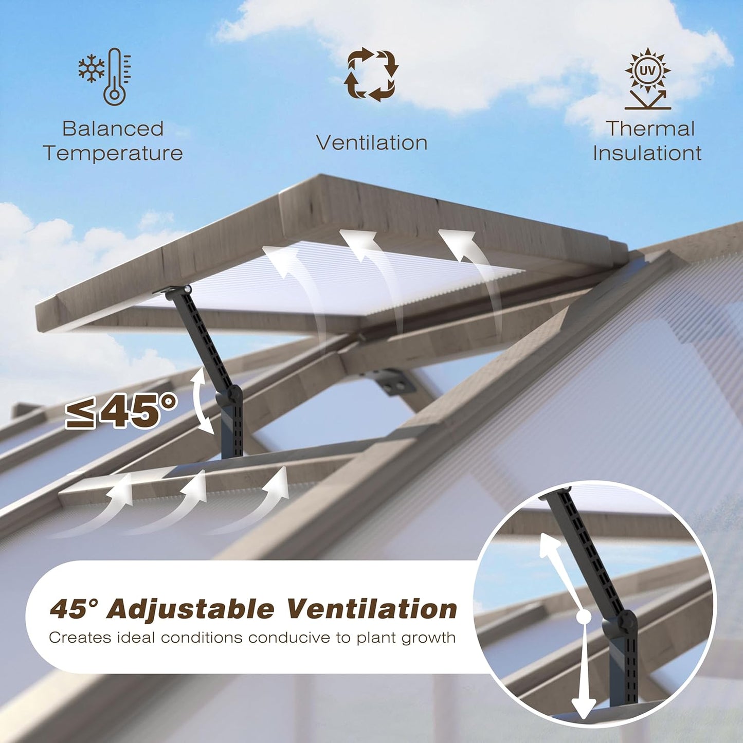 MUPATER 8' x 12' Outdoors Walk-in Greenhouse, Wood Greenhouse with Ventilated Window and Lockable Door, 6mm Polycarbonate Panels for UV Protection and Heat Insulation,Suitable for Patio, Backyard