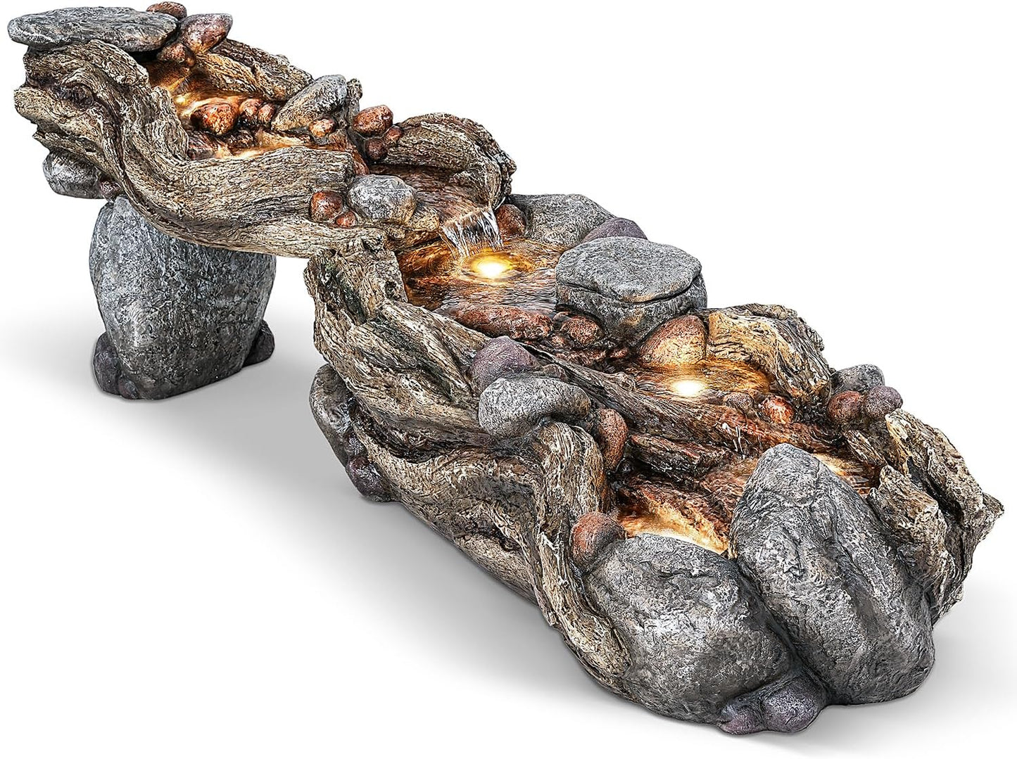 60" Long Cascading Outdoor Rock Water Fountain, 5-Tier Tranquil River Waterfall, Realistic Rock Design, Serene Flowing Water Sound for Outdoor Garden, Patio, Landscaping, Home Decor