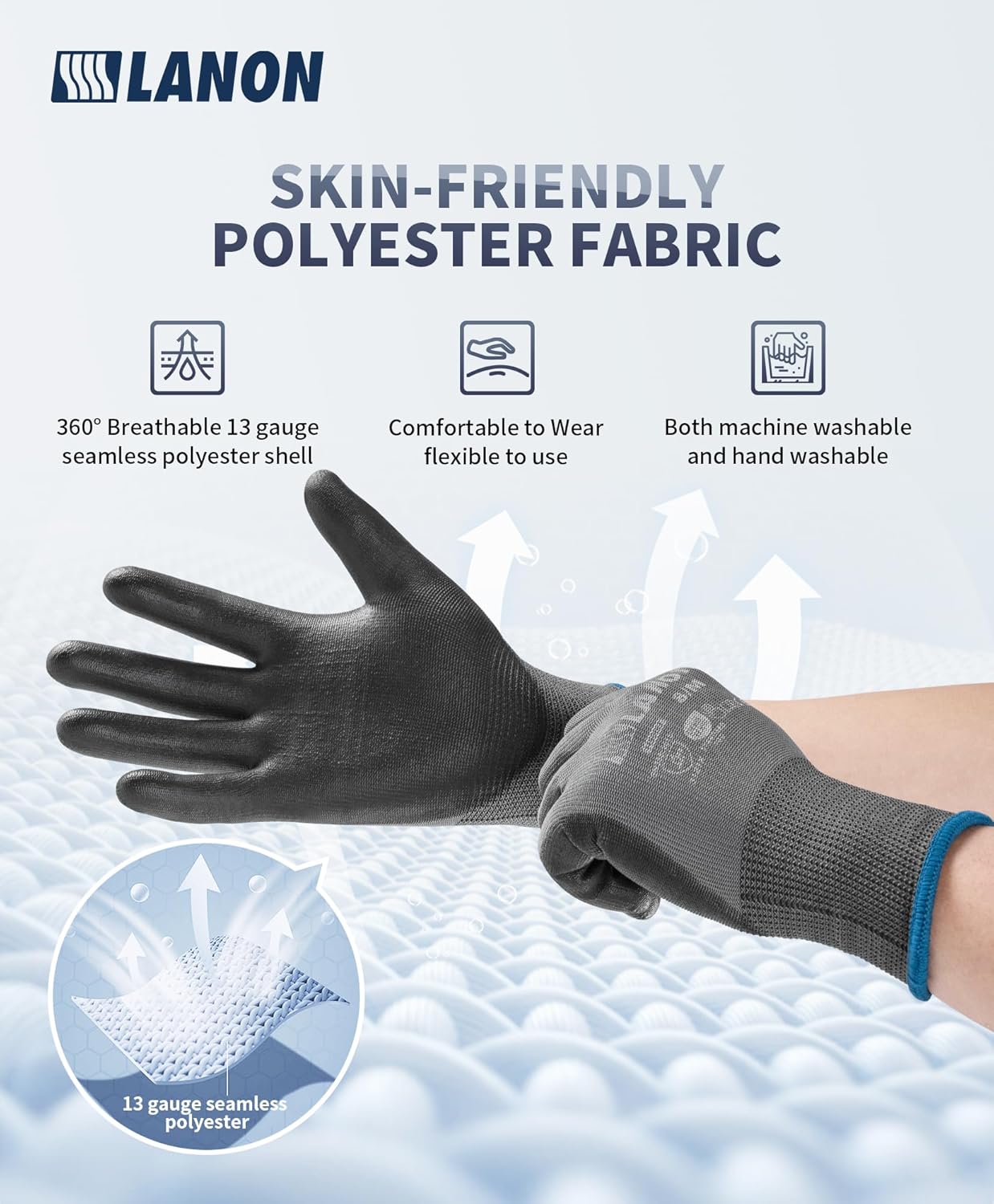 LANON 18 Pairs Safety Work Gloves, Mechanic Working Gloves for Men,Breathable PU Coated, Seamless Knit,Double Wash, Grey, XXL