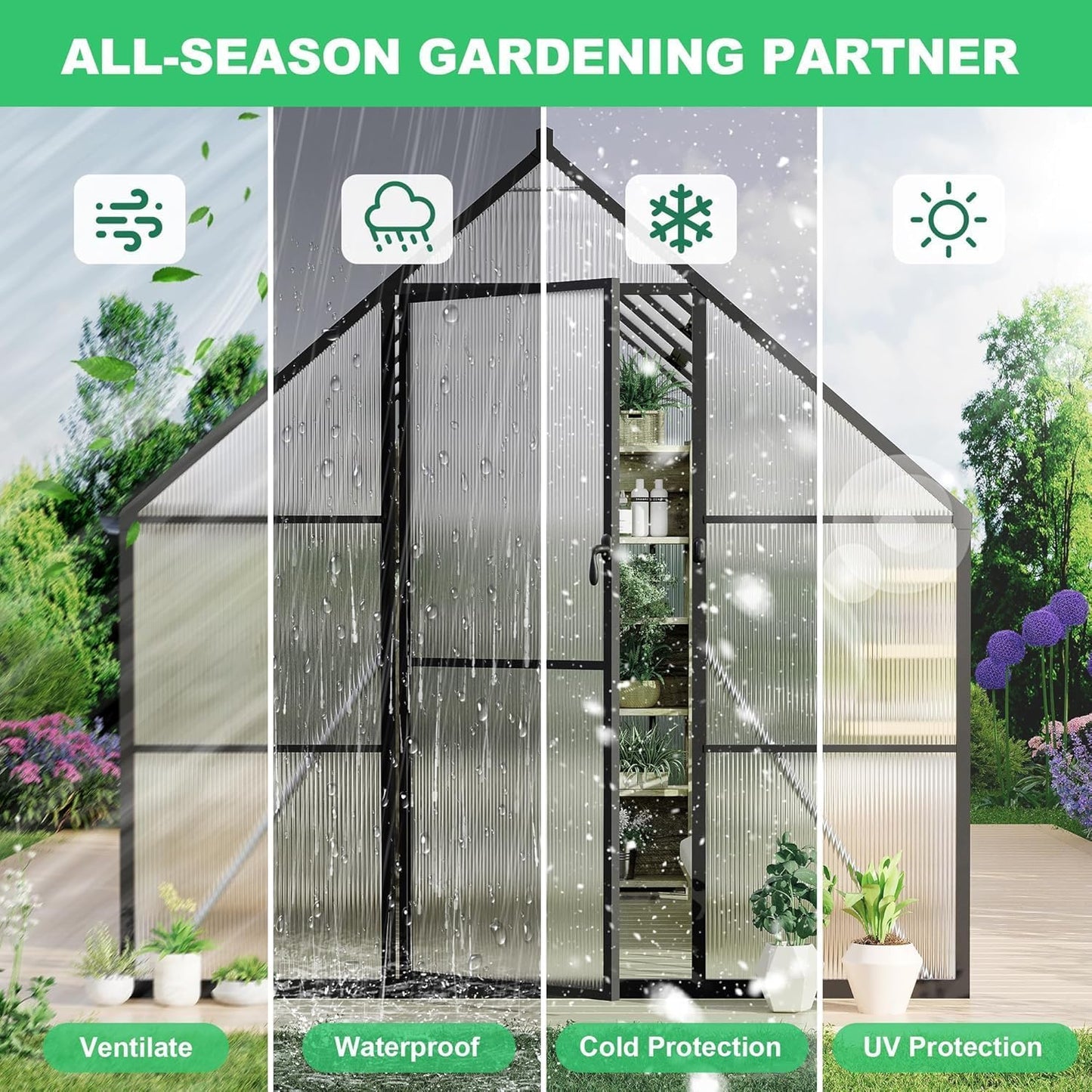 Greenhouse 8x12 FT Aluminum-Framed Heavy Duty Polycarbonate with Quick Setup Structure and Roof Vent, Large Enhanced Outdoors Green House Kit