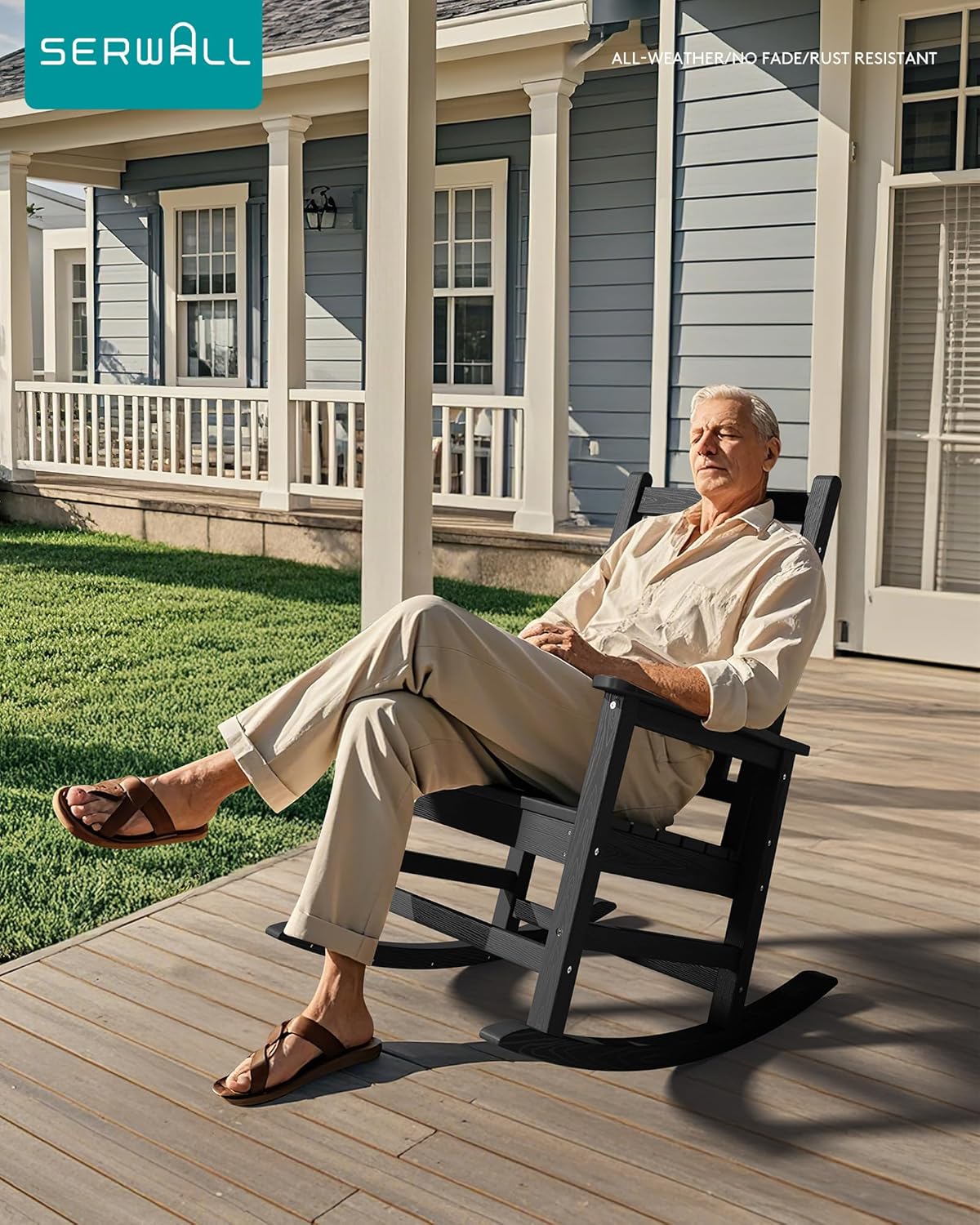 SERWALL Oversized Outdoor Rocking Chair Set of 2, HDPE Rocker for Adults, Patio Rocking Chairs for Porch, Black