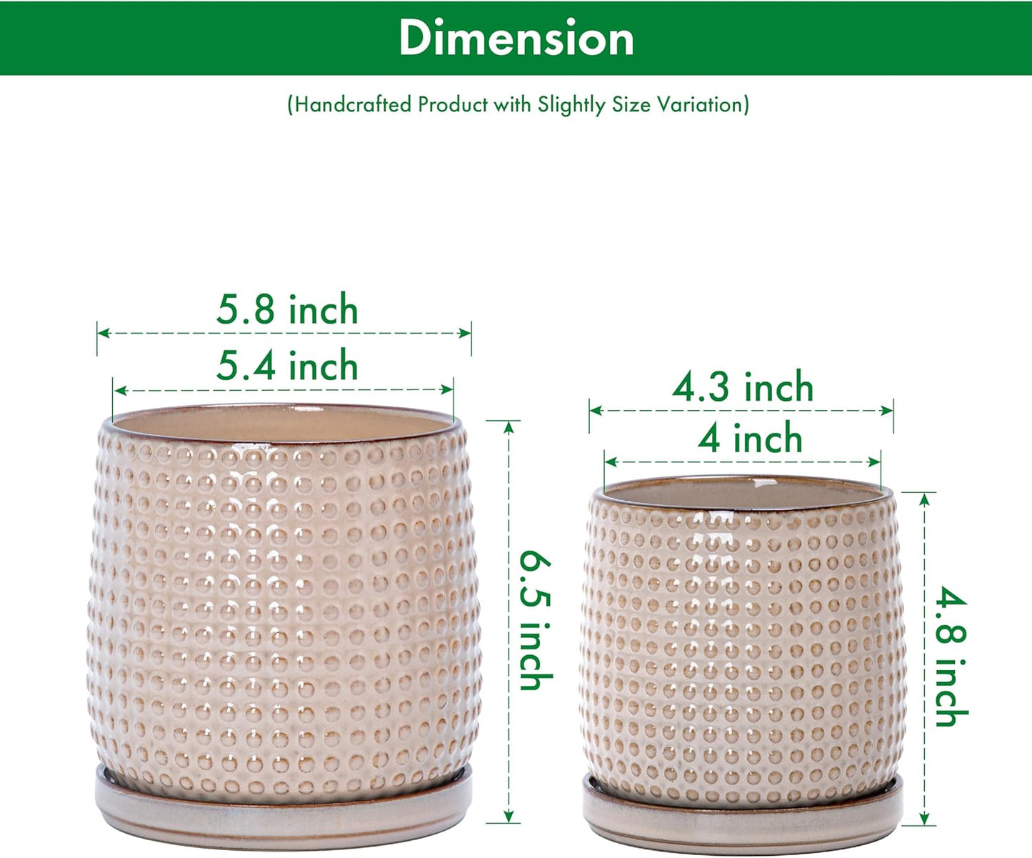 D'vine Dev 6 Inch 4 Inch Ceramic Indoor Planter Pots with Drainage Hole and Saucer, Beaded Design Flower Pots, Set of 2, Light Brown, 27-D-U-4