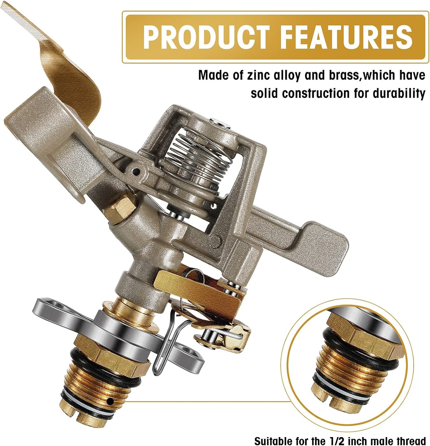 Impact Sprinkler Head Brass Pulsating Sprinkler Lawns Garden Adjustable 360 Degrees Watering Heavy Duty Sprinkler Head with Nozzles for Yard and Grass Irrigation (5 Pieces)