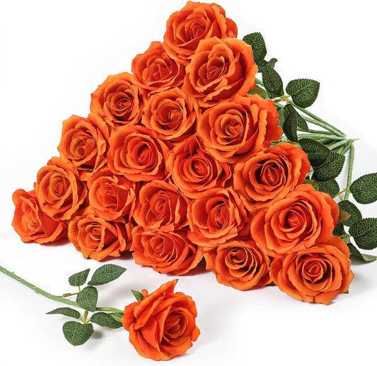 Serwalin 20pcs 4'' Big Orange Artificial Roses, Large Flower Head Silk Rose Velvet Real Touch, Fake Roses Long Stems Realistic Bouquet for Wedding, Table Centerpiece Home Decor