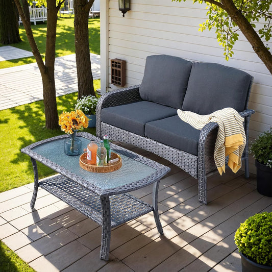 HOOOWOOO Patio Furniture Set,Outdoor High Back Loveseat Set,All Weather Wicker 2-Seater-Sofa Love Seat with Table,Black