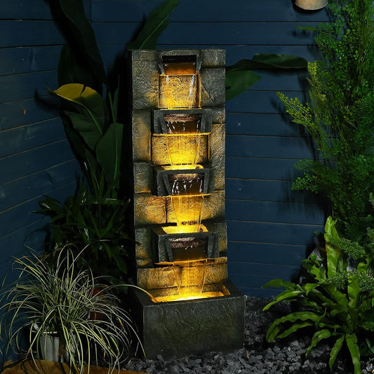 41.1" Garden Water Fountain Outdoor – 5-Tier Modern Cascading Resin Waterfall Fountain with LED Light, Mossy Stone Look, Floor-Standing Outdoor Water Feature for Patio, Yard, Deck, Home Décor