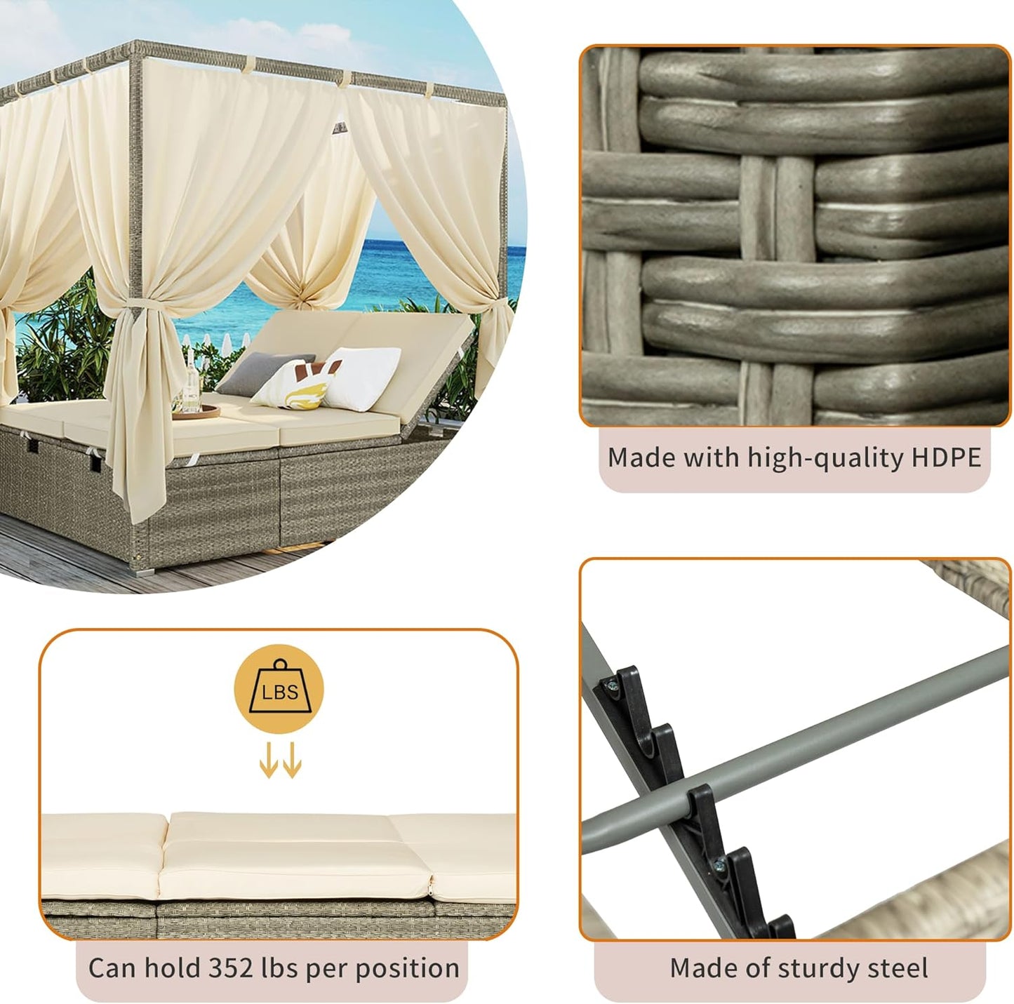 Patio Chaise Lounge,PE Rattan Outdoor Patio Wicker Adjustable Outdoor Sun Bed with Four-sided Canopy and Comfortable Beige Cushion – Versatile Use for Patio, Garden, and Poolside