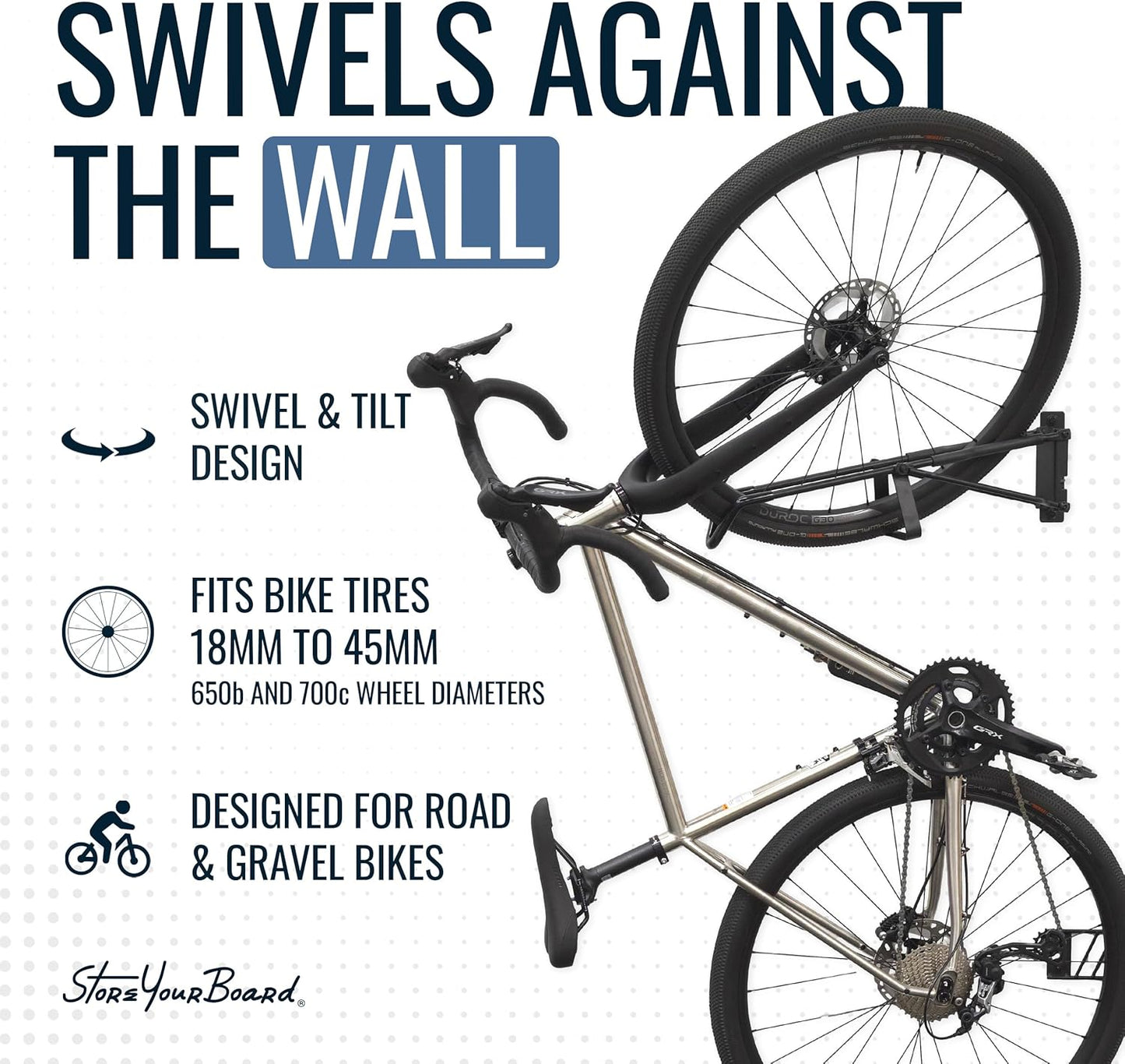 StoreYourBoard SwivelStow Road & Gravel Bike Storage 2 Pack – Heavy Duty Bike Hanger, No-Lift Bike Wall Mount for Garage Bike Storage, Holds 70 lbs, Patent-Pending