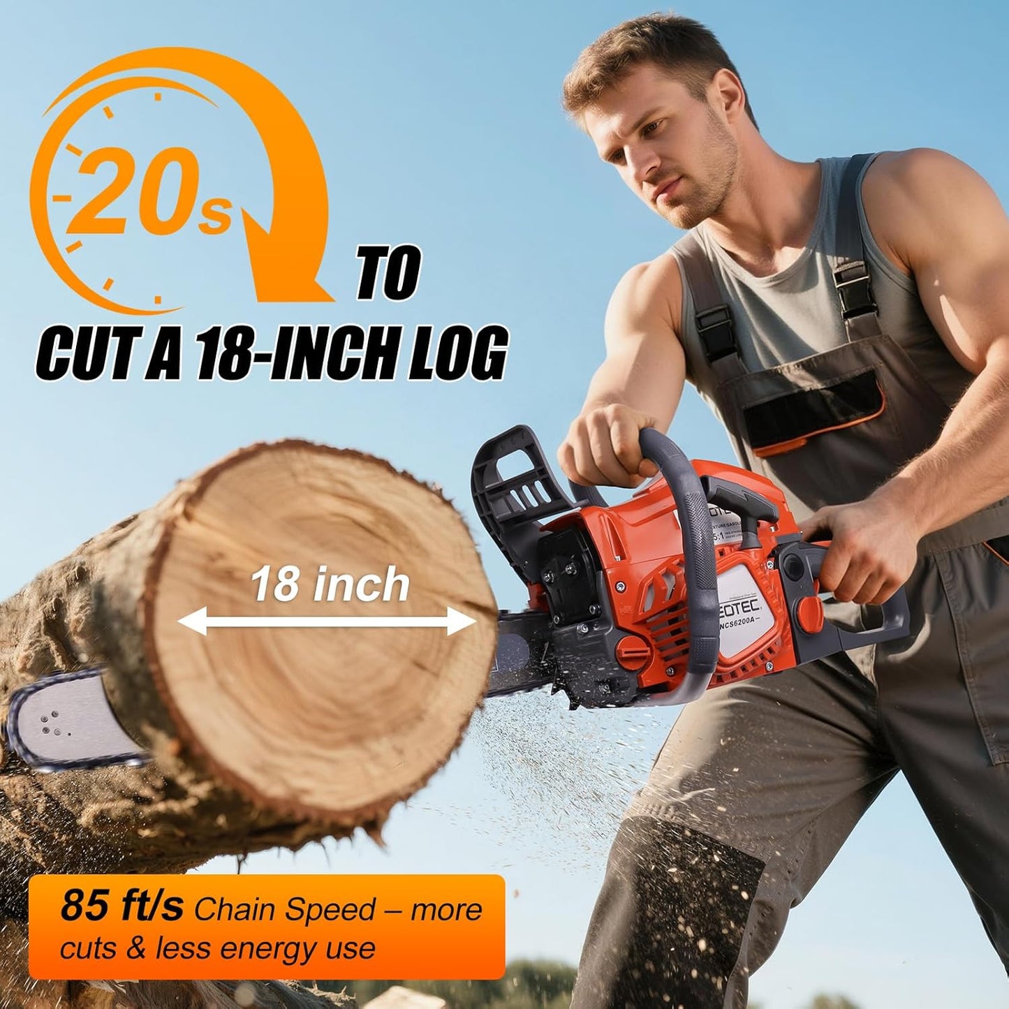 58CC Gas Chainsaw 18 Inch 20 Inch, Gas Powered Chain Saw with Ergonomic Handheld Petrol Gasoline Chain Saw, 2-Cycle Gas Engine Chainsaw for Tree Wood Firewood Outdoor Cutting